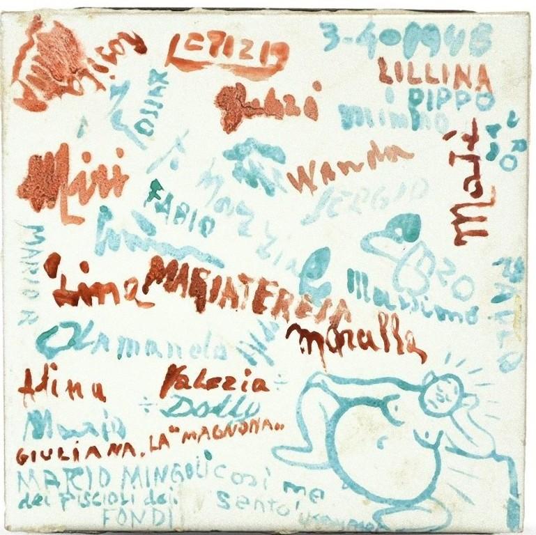 This Tile from Via Margutta is an original decorative ceramic object realized in Italy in 1948.

This very curious and unique object is a ceramic tile that shows all the signatures of the greatest artists who lived through the 1940s and 1950s in