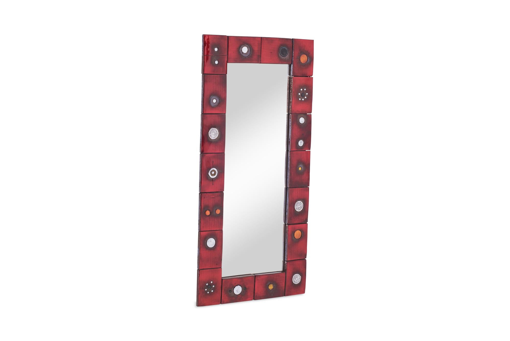 Glazed Ceramic Tile Mirror by Oswald Tieberghien in Red Glaze 1960s Belgium