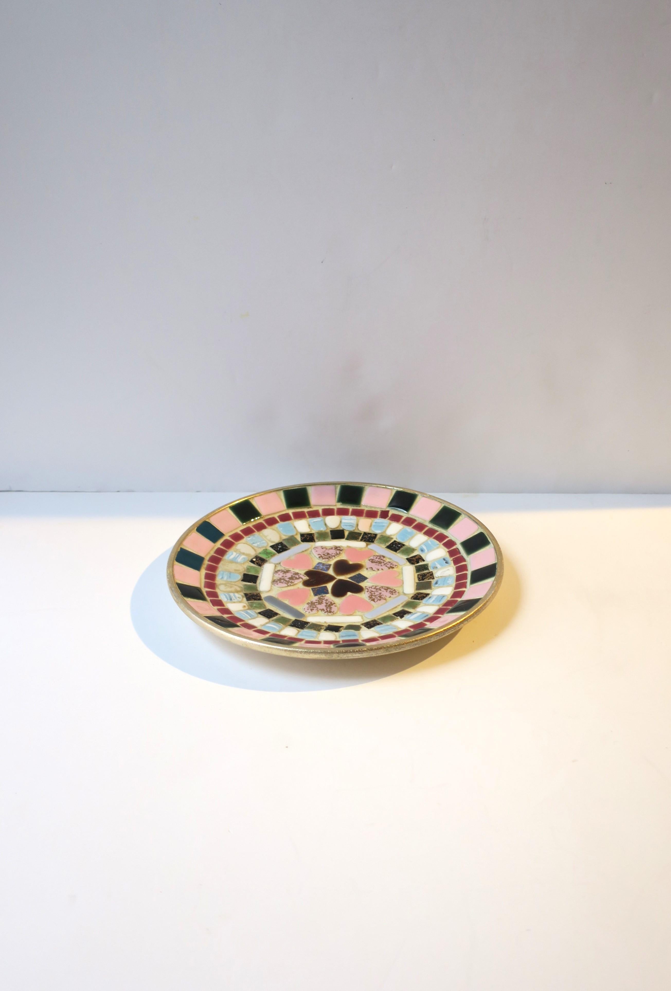 American Ceramic Tile Mosaic Dish Vide-Poche with Pink Hearts, circa Mid-20th Century For Sale
