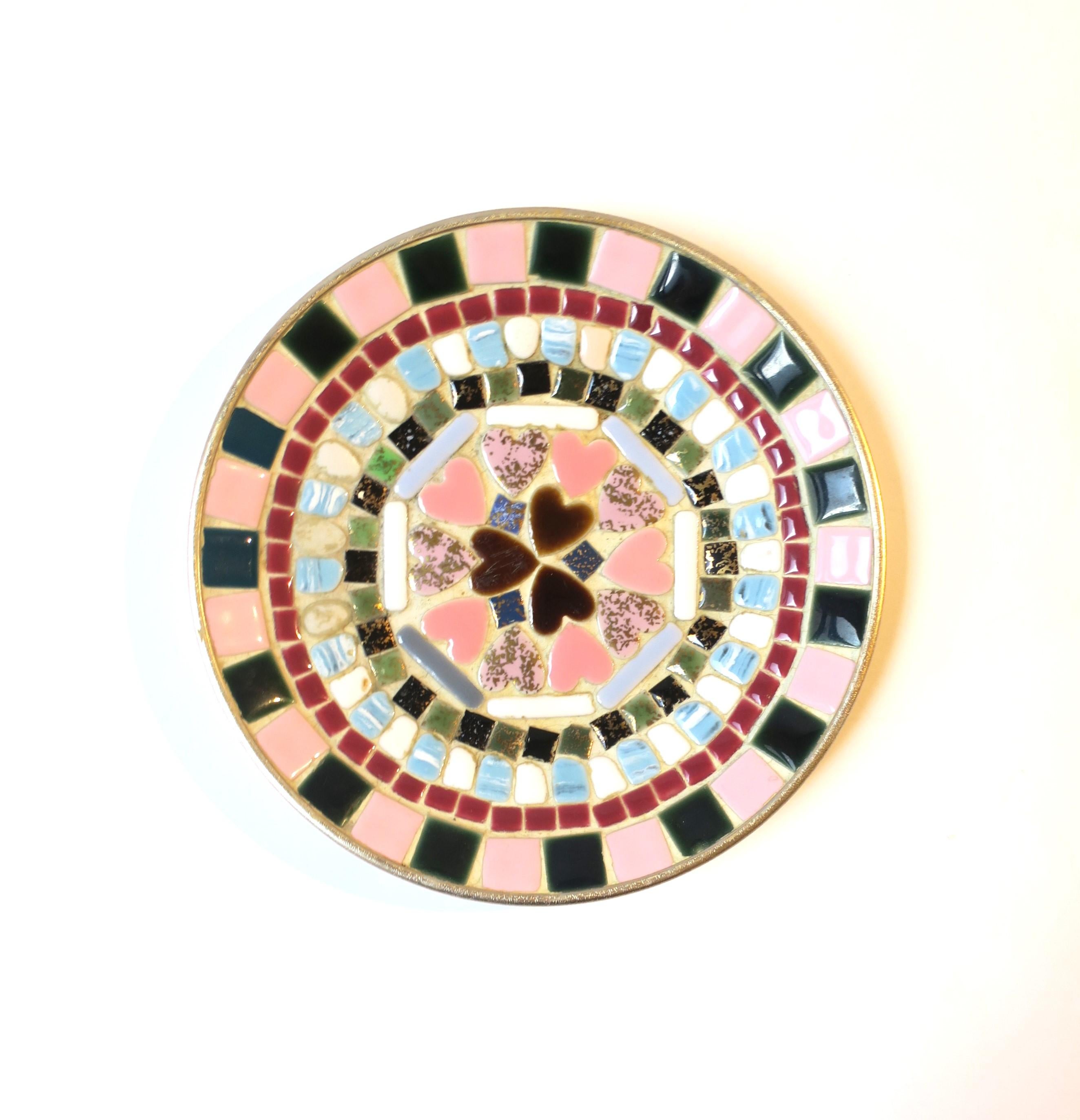 Ceramic Tile Mosaic Dish Vide-Poche with Pink Hearts, circa Mid-20th Century For Sale 1