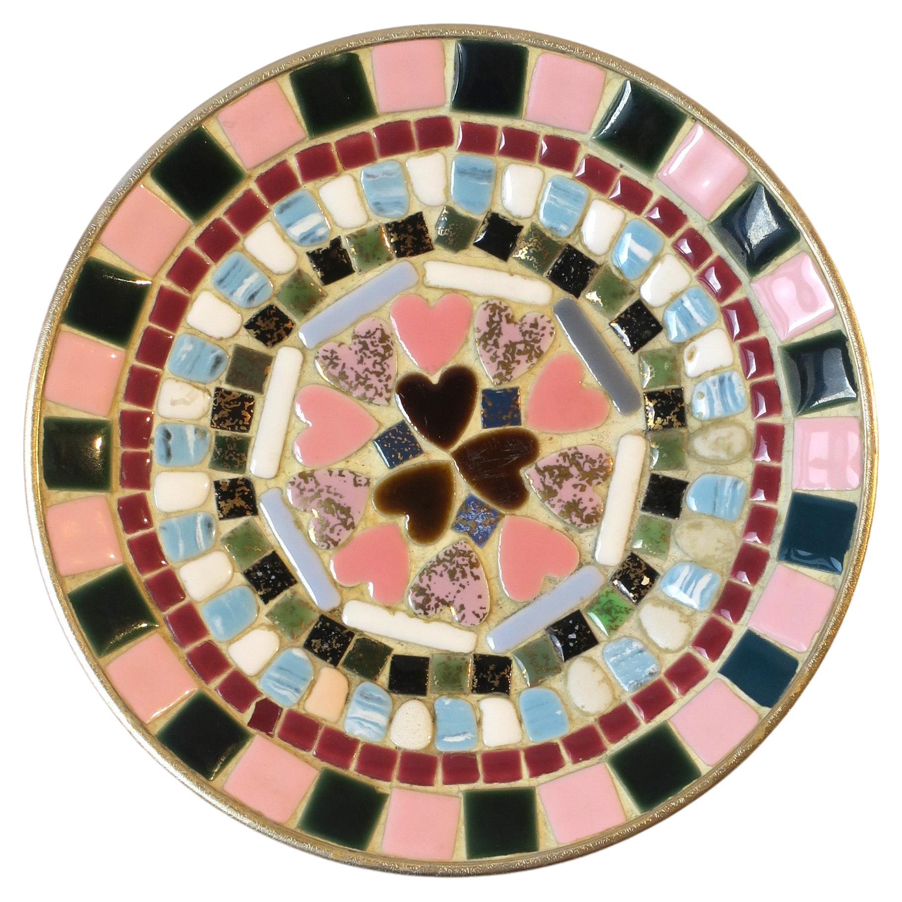 Ceramic Tile Mosaic Dish Vide-Poche with Pink Hearts, circa Mid-20th Century For Sale