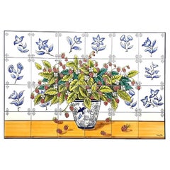 Raspberries Tile Mural in Pure Clay and Fine Ceramic, Portuguese Tiles 
