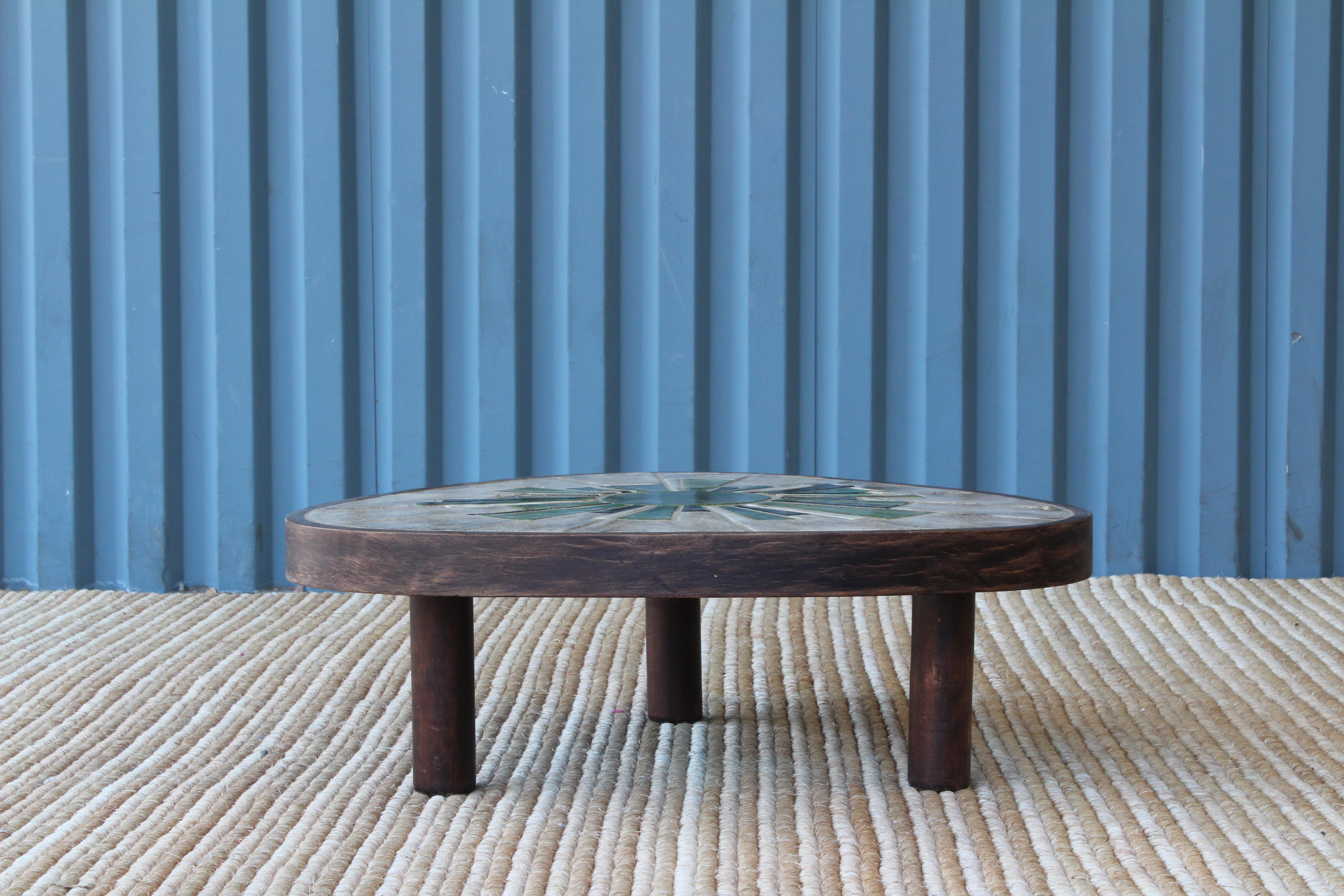 Three-sided tile topped coffee table by Barrois for Vallauris, France, 1960s.
 