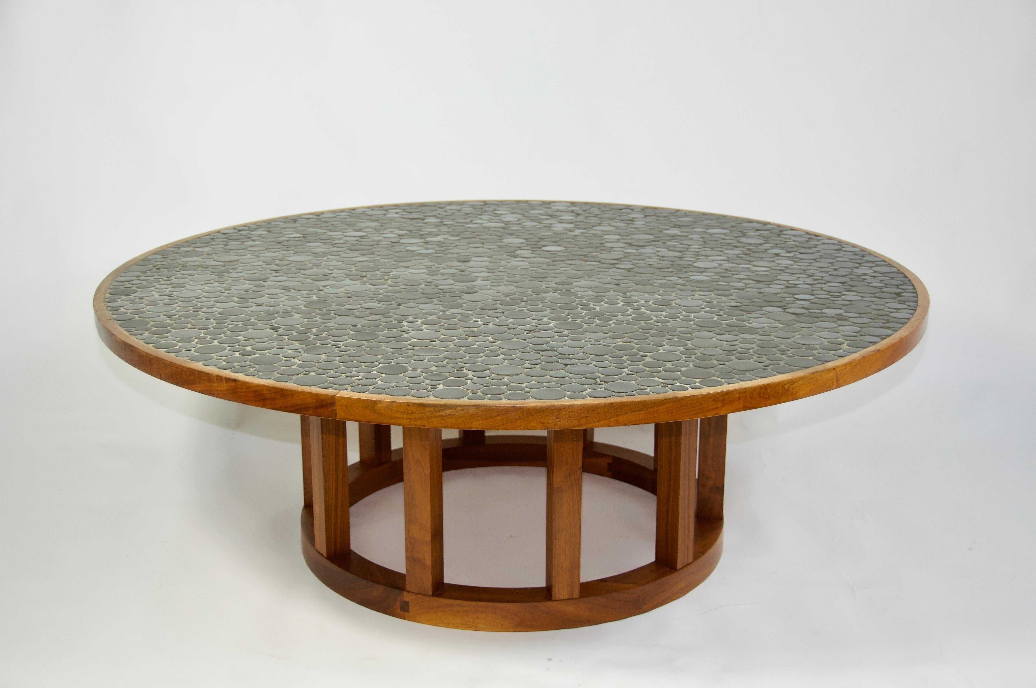 Offered by OLIVER MODERN, Ceramic tile-top coffee table by Gordon and Jane Martz for Marshall Studios. Walnut frame.