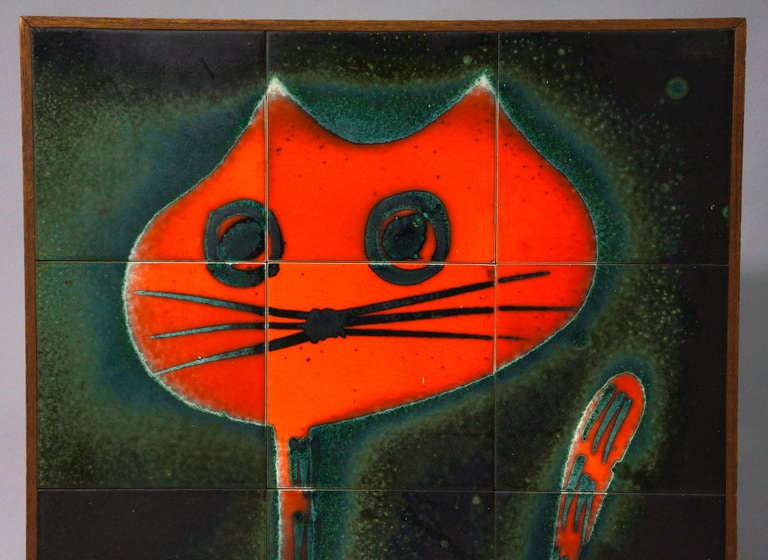 Belgian Ceramic Tile Wall Decoration of a Cat For Sale