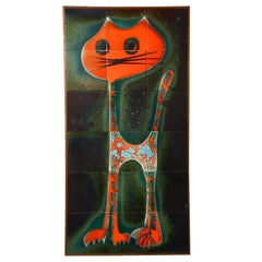 Vintage Ceramic Tile Wall Decoration of a Cat