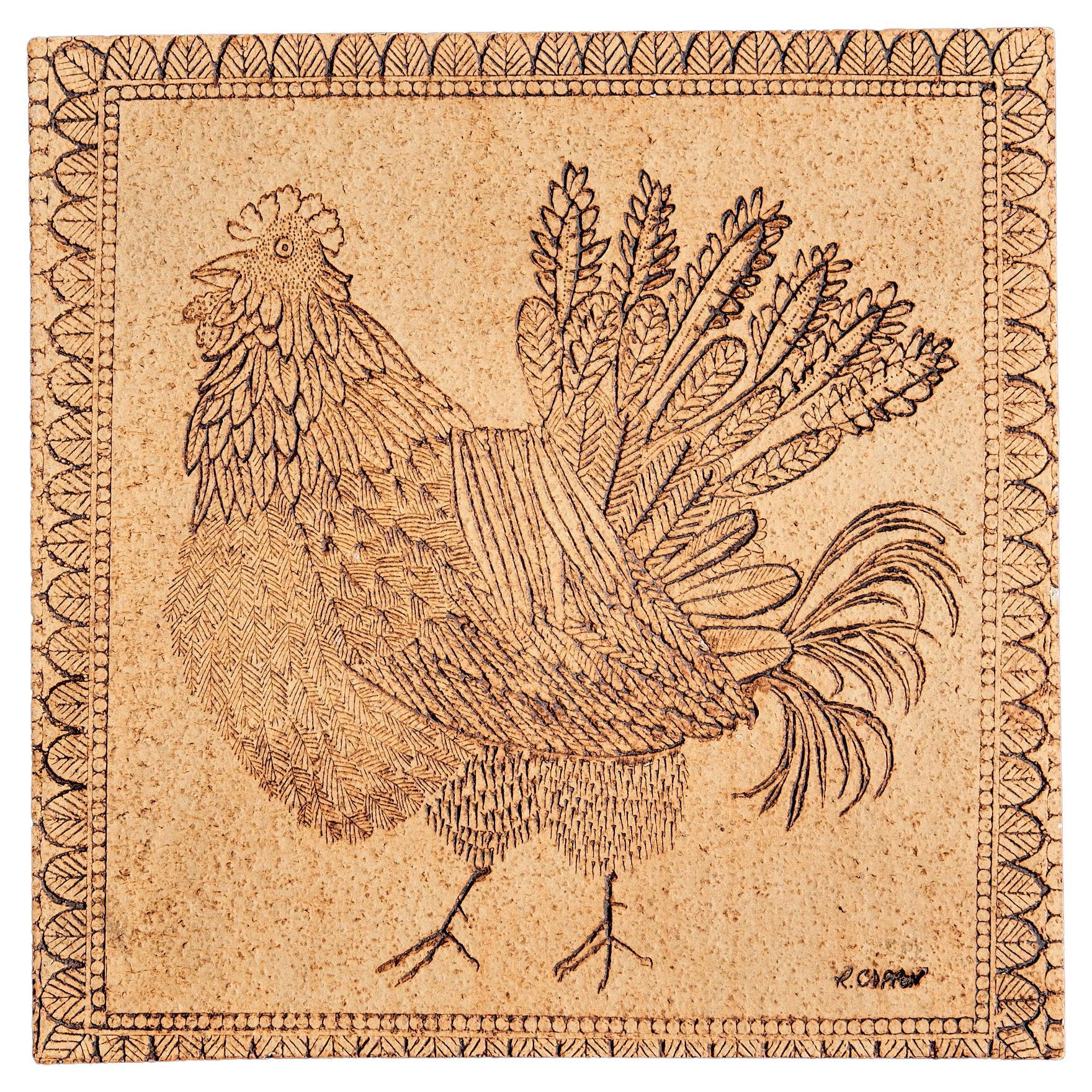 Ceramic Tile with Rooster Motive by Roger Capron France, 1970s