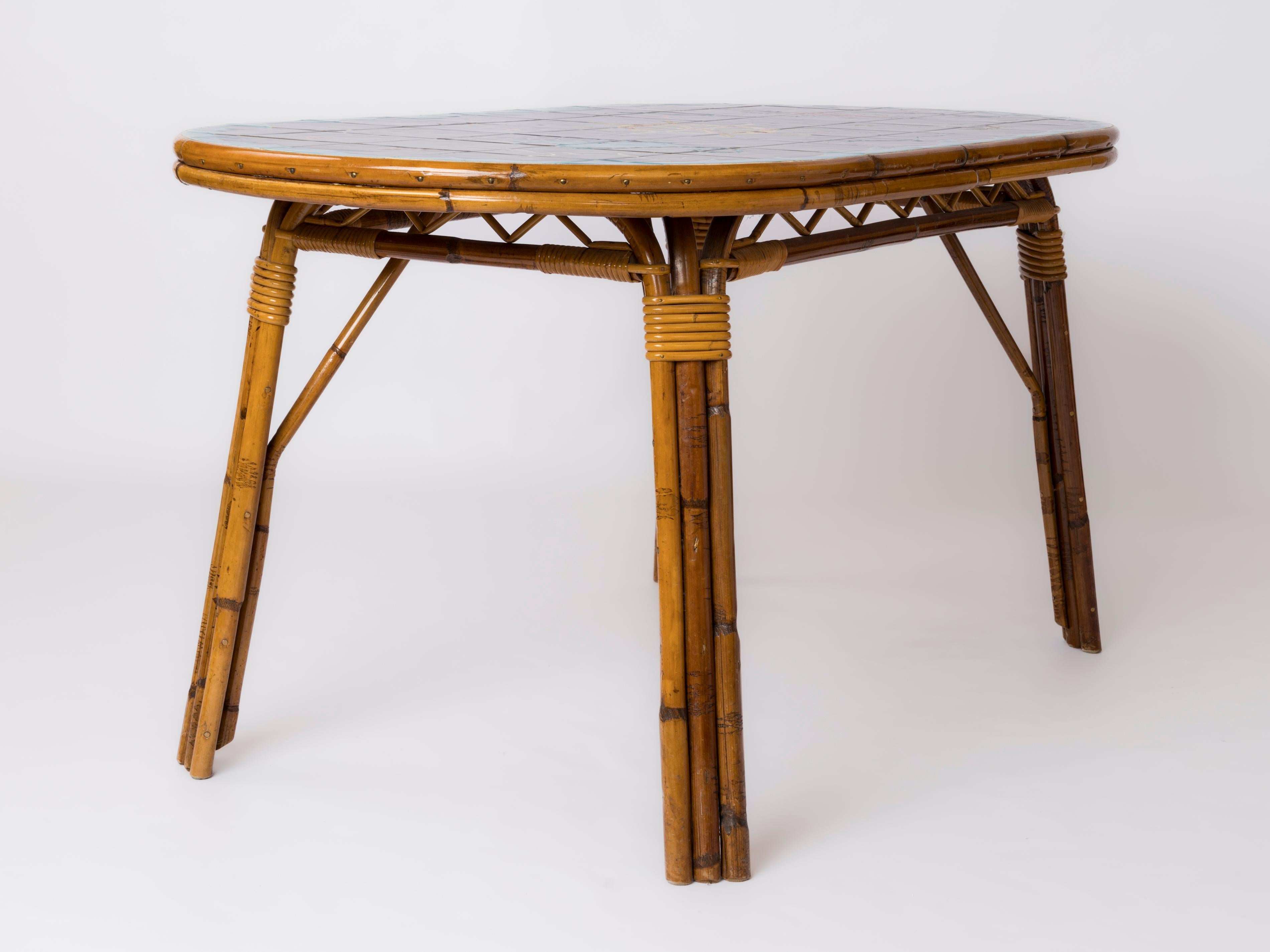 Mid-20th Century Ceramic Tiles & Rattan Dining Table by Adoux Minnet & Georges Chassin - 1960's For Sale