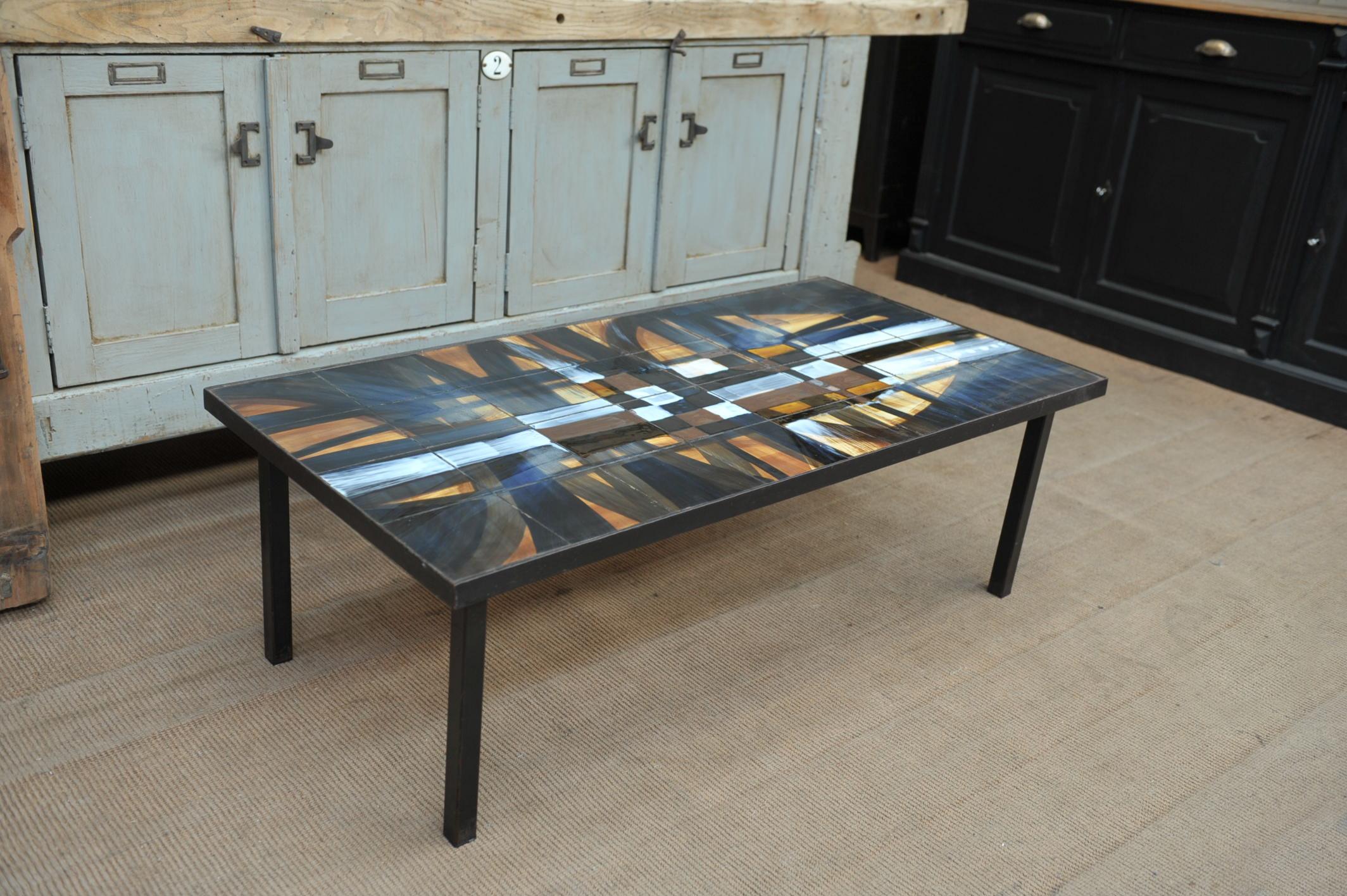 Iron structure coffee table with excellent condition tiles top signed Pelletier, 1966.