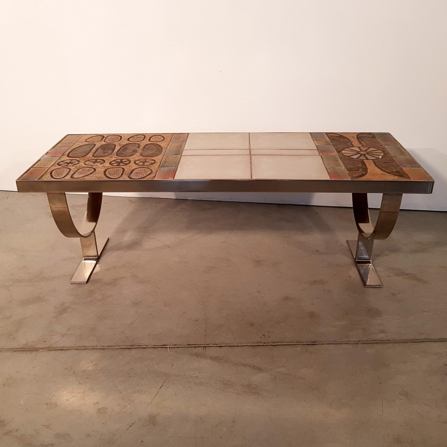 French coffee table with unique ceramic-top and chrome legs, midcentury 1970s, France.