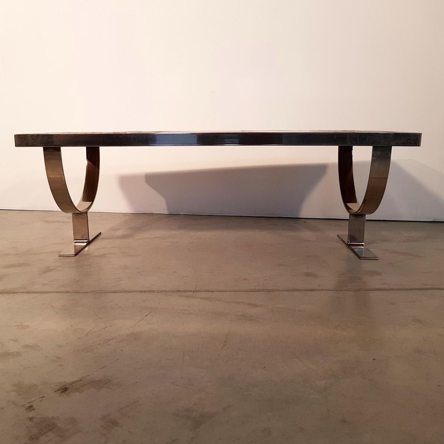 Mid-Century Modern Ceramic-Top Midcentury Coffee Table with Chrome Legs, France, 1970s For Sale