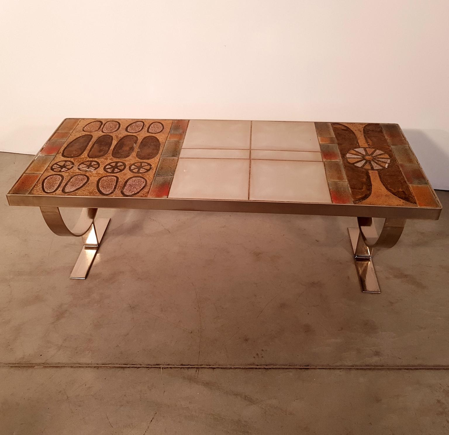 French Ceramic-Top Midcentury Coffee Table with Chrome Legs, France, 1970s For Sale