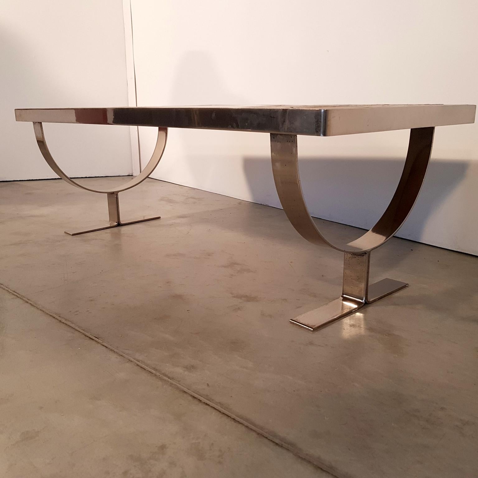20th Century Ceramic-Top Midcentury Coffee Table with Chrome Legs, France, 1970s For Sale