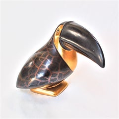 Ceramic Toucan in Black and Gold Glaze, Mid-20th Century