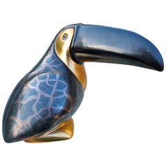 Ceramic Toucan in Black and Gold Glaze, Mid-20th Century