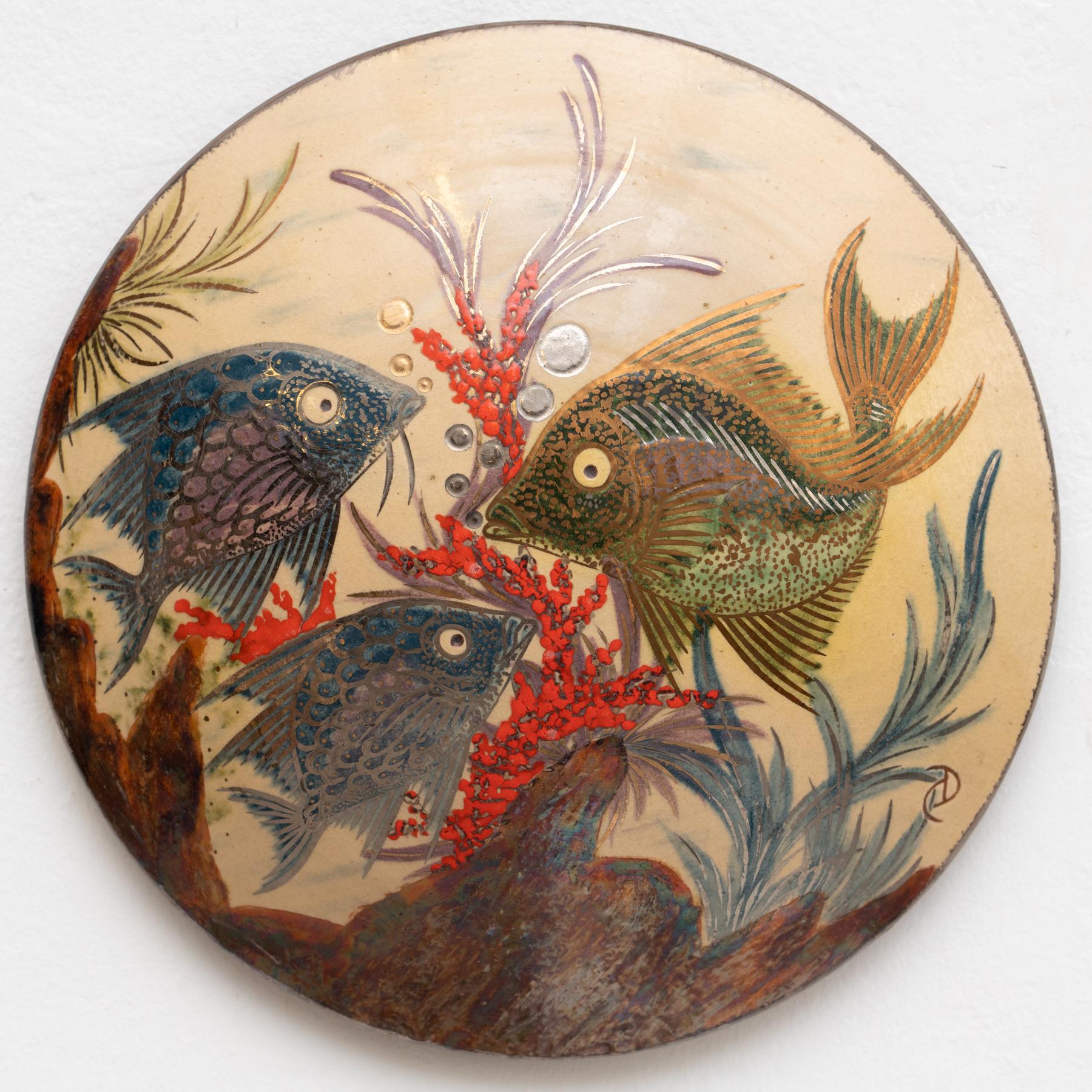 Ceramic hand painted plate artwork by Catalan artist Diaz COSTA, circa 1960.    In original condition, with minor wear consistent of age and use, preserving a beautiful patina.    Signed.