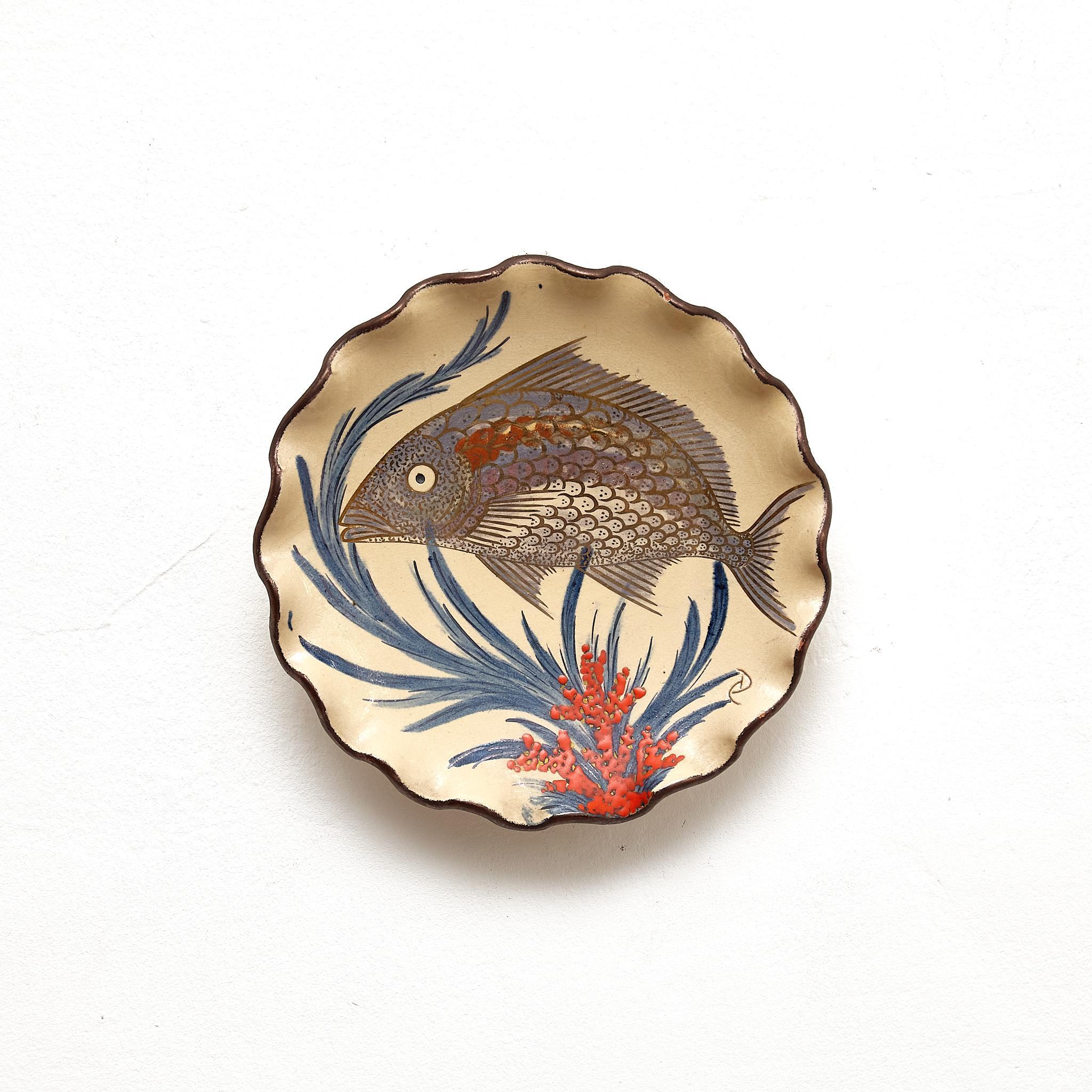 Mid-Century Modern Ceramic Traditional Hand Painted Plate by Catalan Artist Diaz Costa, circa 1960 For Sale