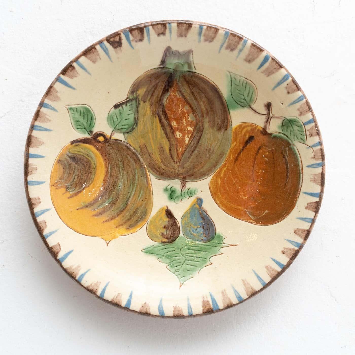 Mid-Century Modern Ceramic Traditional Hand Painted Plate by Catalan Artist Puigdemont, circa 1960 For Sale