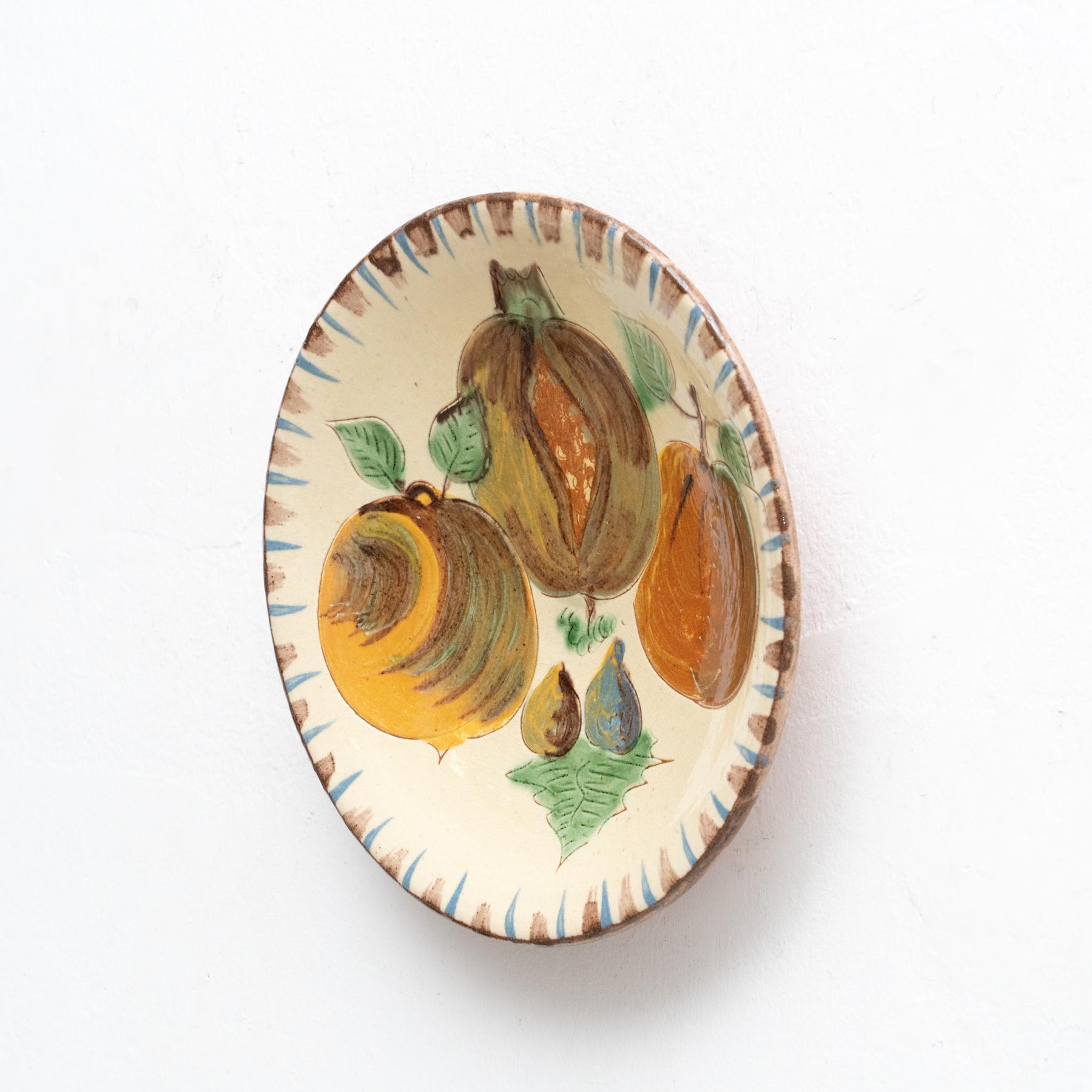 Mid-Century Modern Ceramic Traditional Hand Painted Plate by Catalan Artist Puigdemont, circa 1960 For Sale