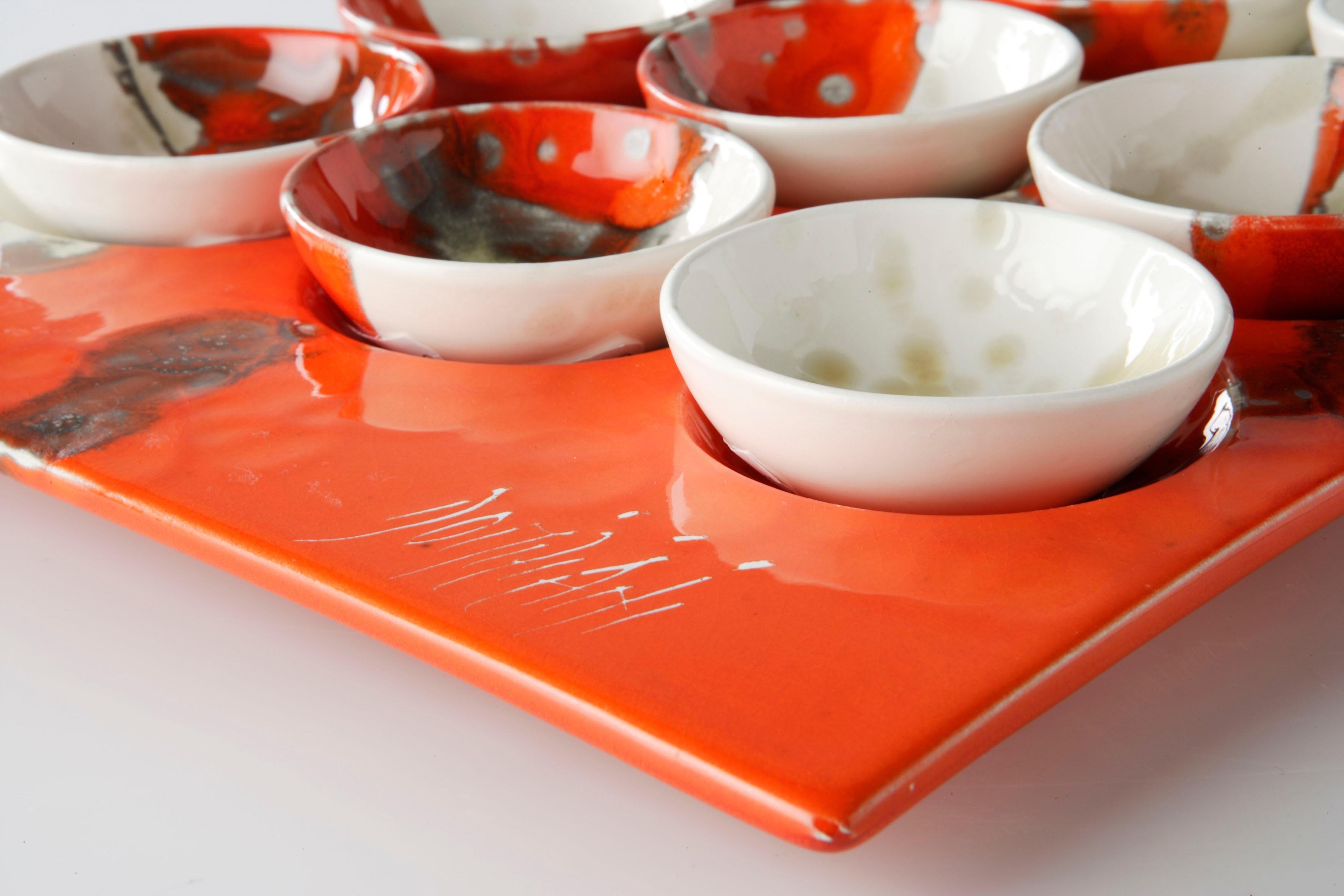 Modern Ceramic Tray with 9 Bowls, Handmade in Italy 2021, Choose Your Pattern For Sale