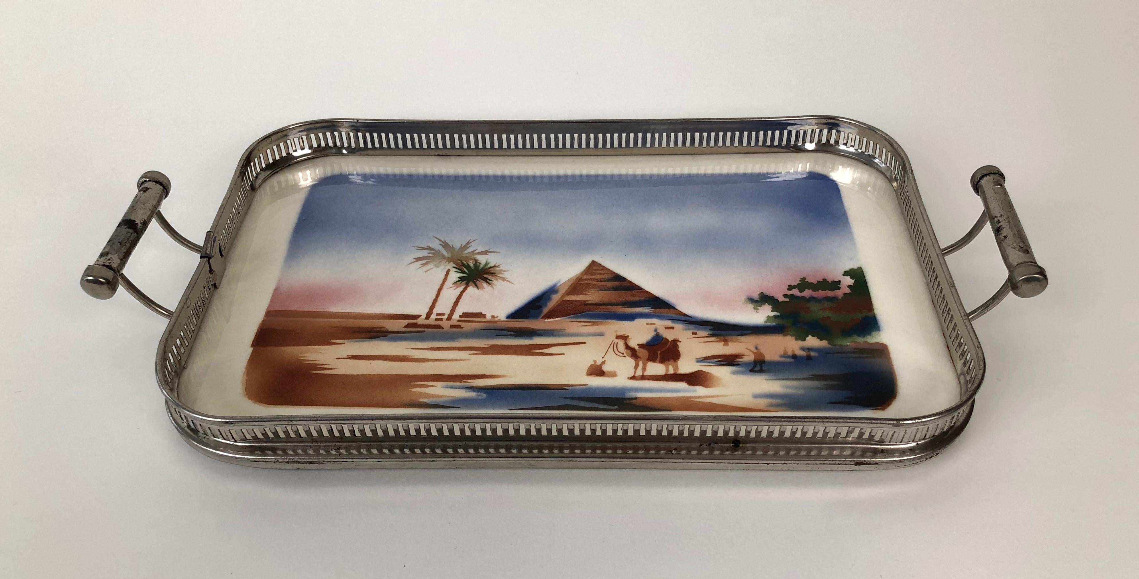 Jugendstil Ceramic Tray with Metal Montage and Egyptian Motiv from the 1920s For Sale