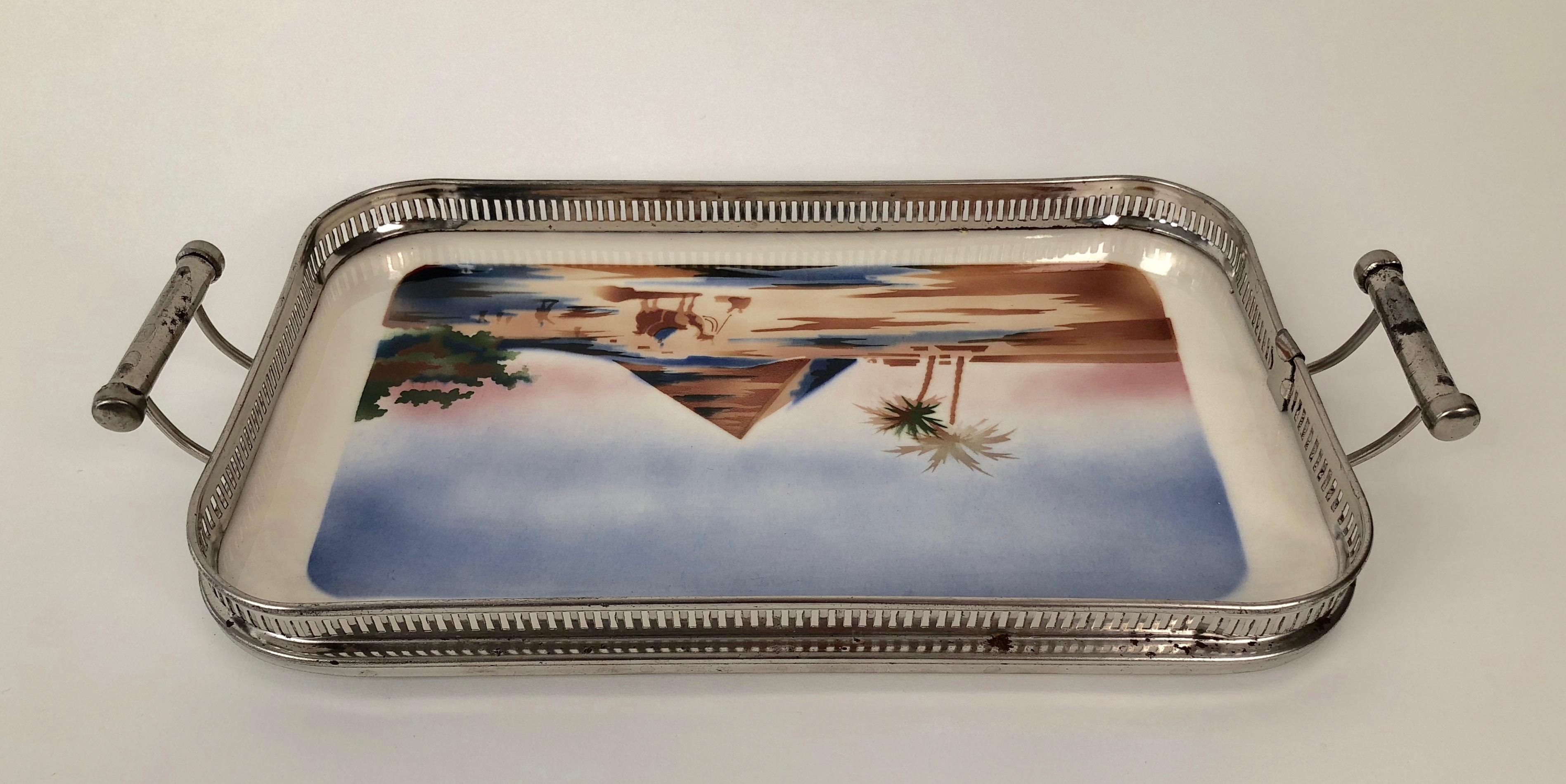 Czech Ceramic Tray with Metal Montage and Egyptian Motiv from the 1920s For Sale