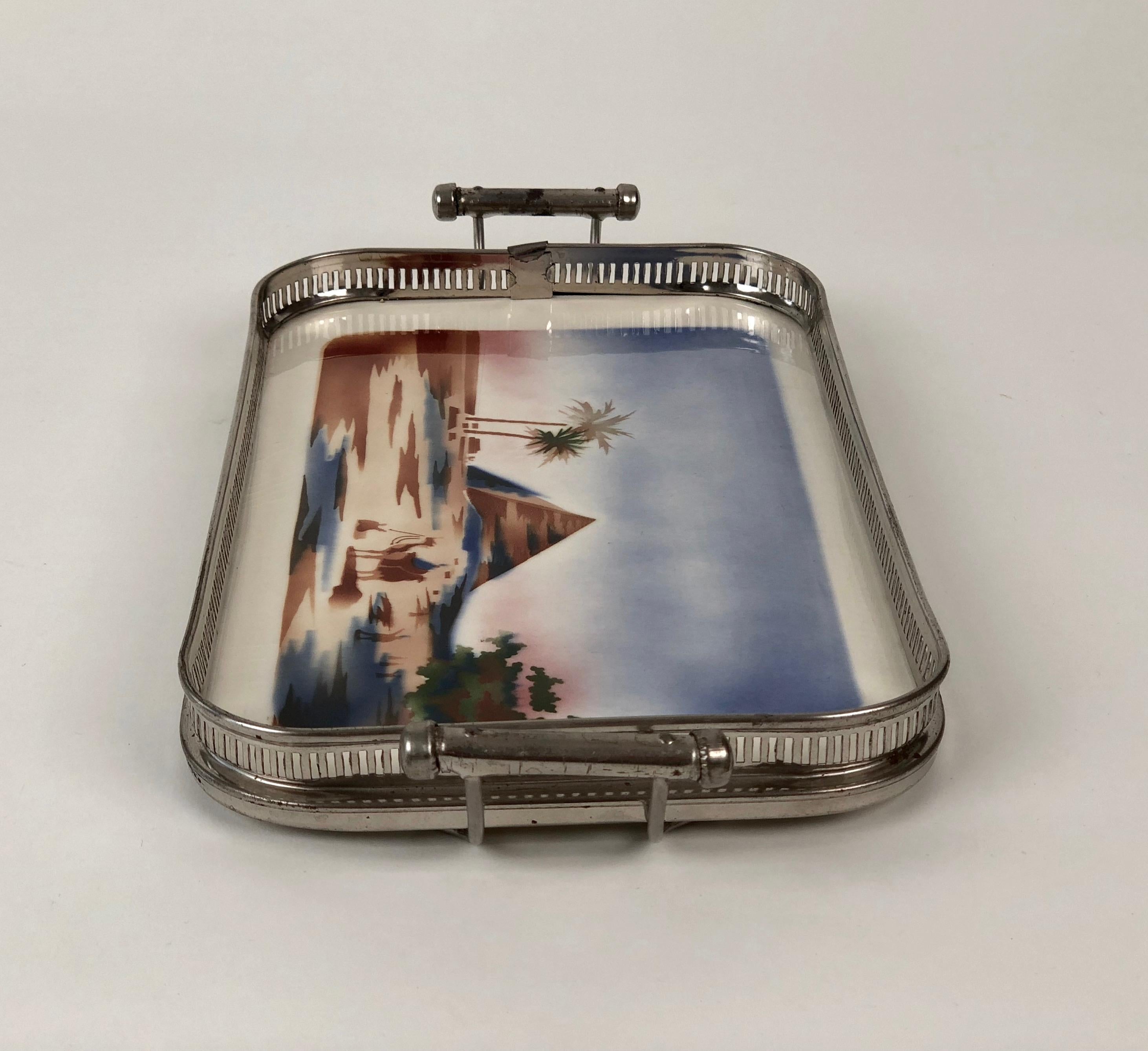 Early 20th Century Ceramic Tray with Metal Montage and Egyptian Motiv from the 1920s For Sale