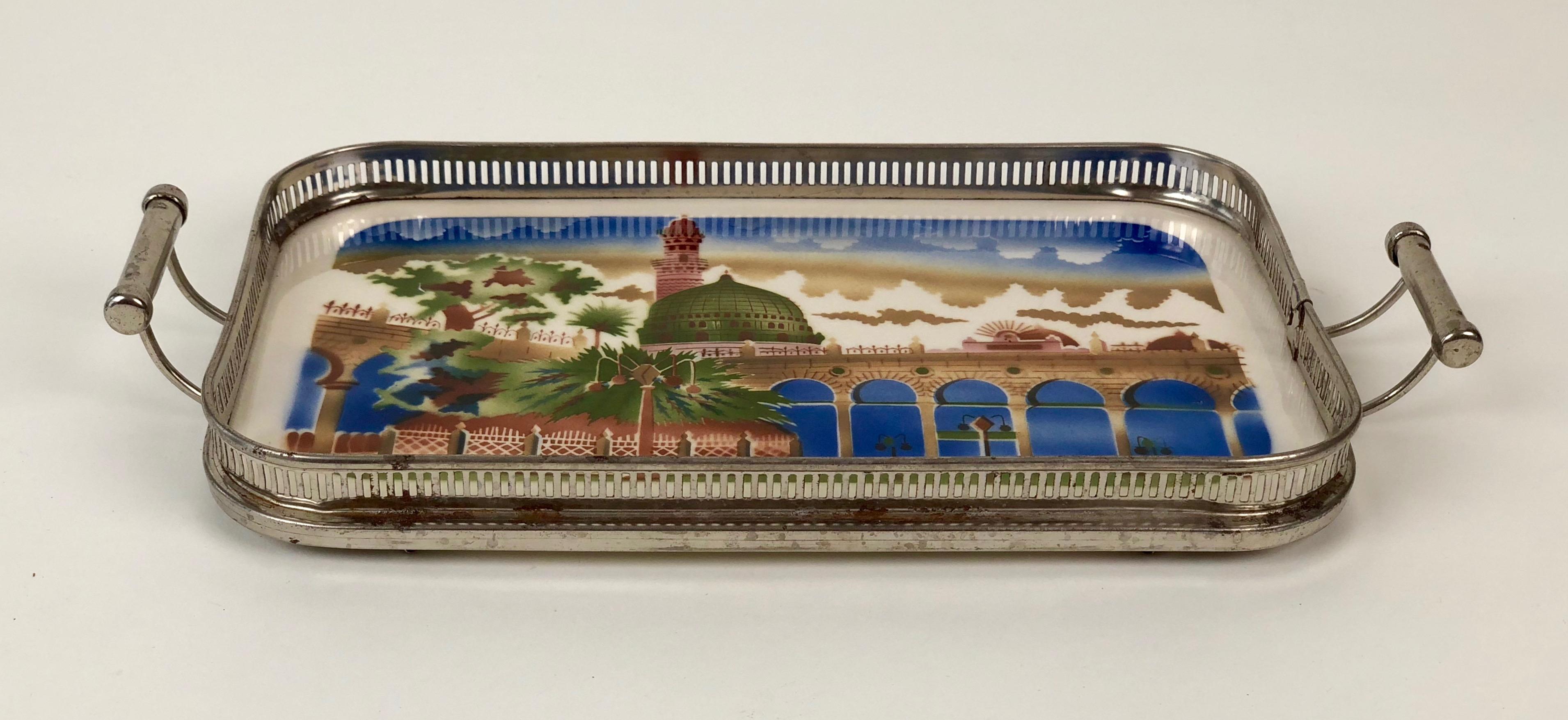Jugendstil Ceramic Tray with Metal Montage and Oriental Motive from the 1920s For Sale