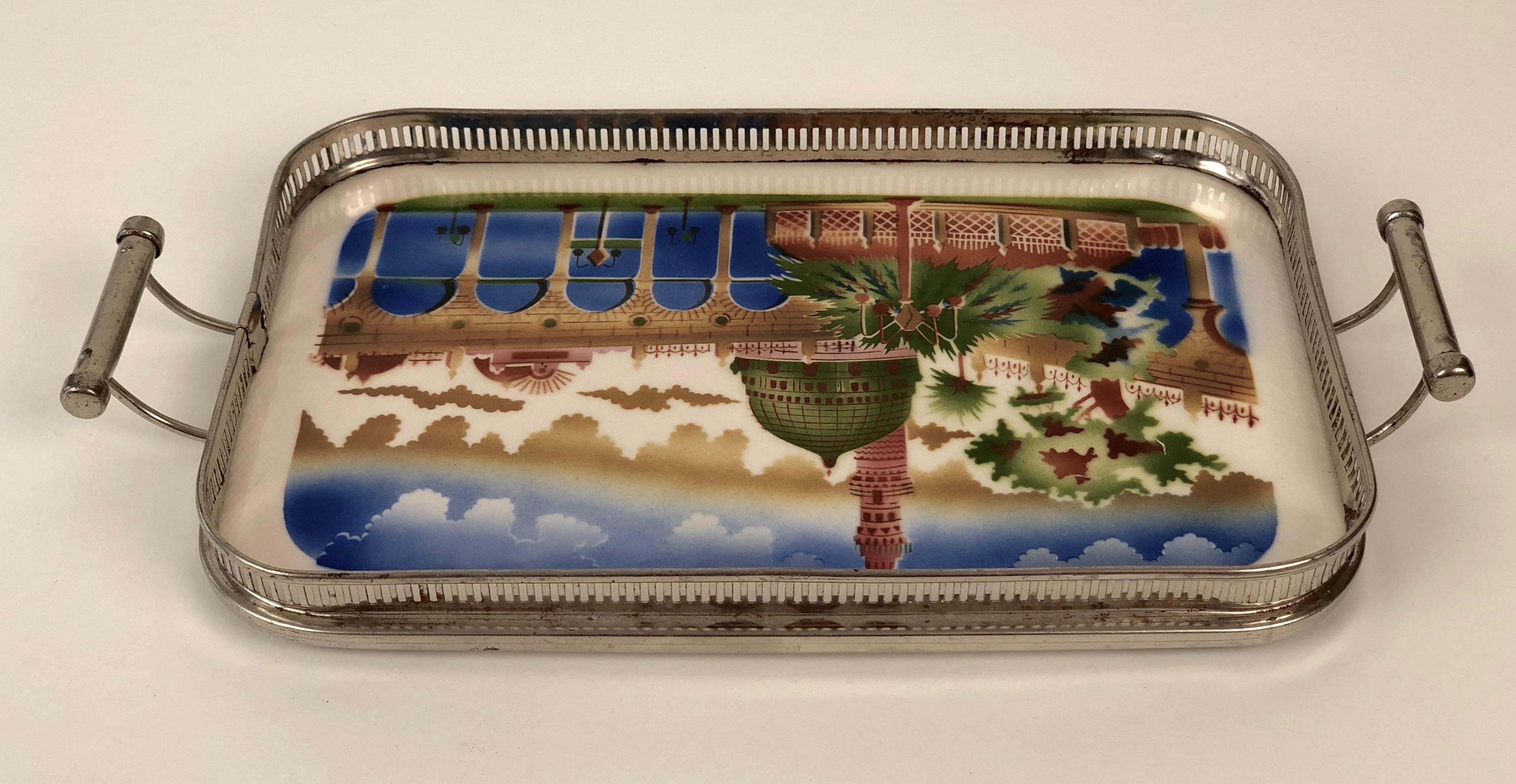 Czech Ceramic Tray with Metal Montage and Oriental Motive from the 1920s For Sale