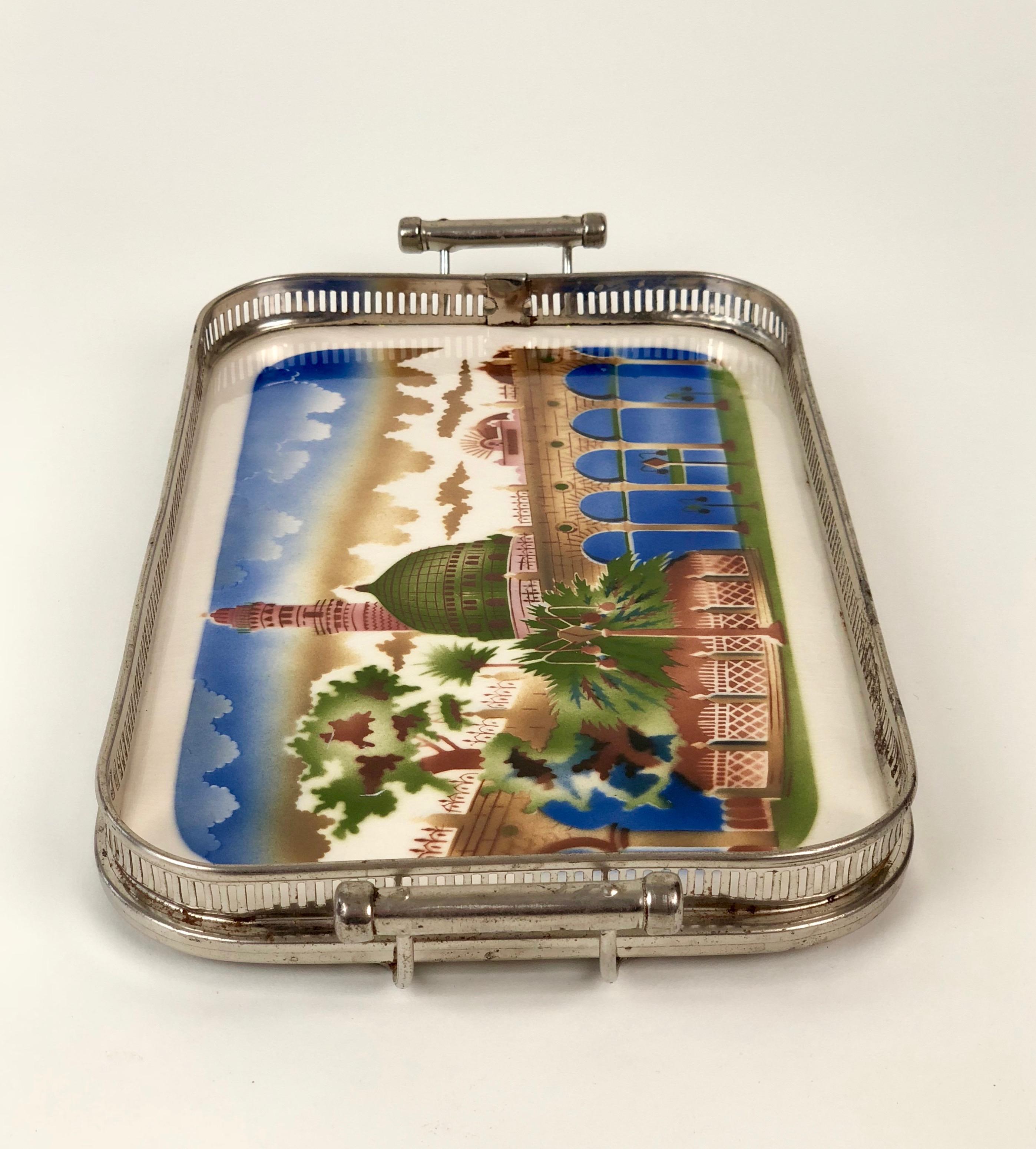 Early 20th Century Ceramic Tray with Metal Montage and Oriental Motive from the 1920s For Sale