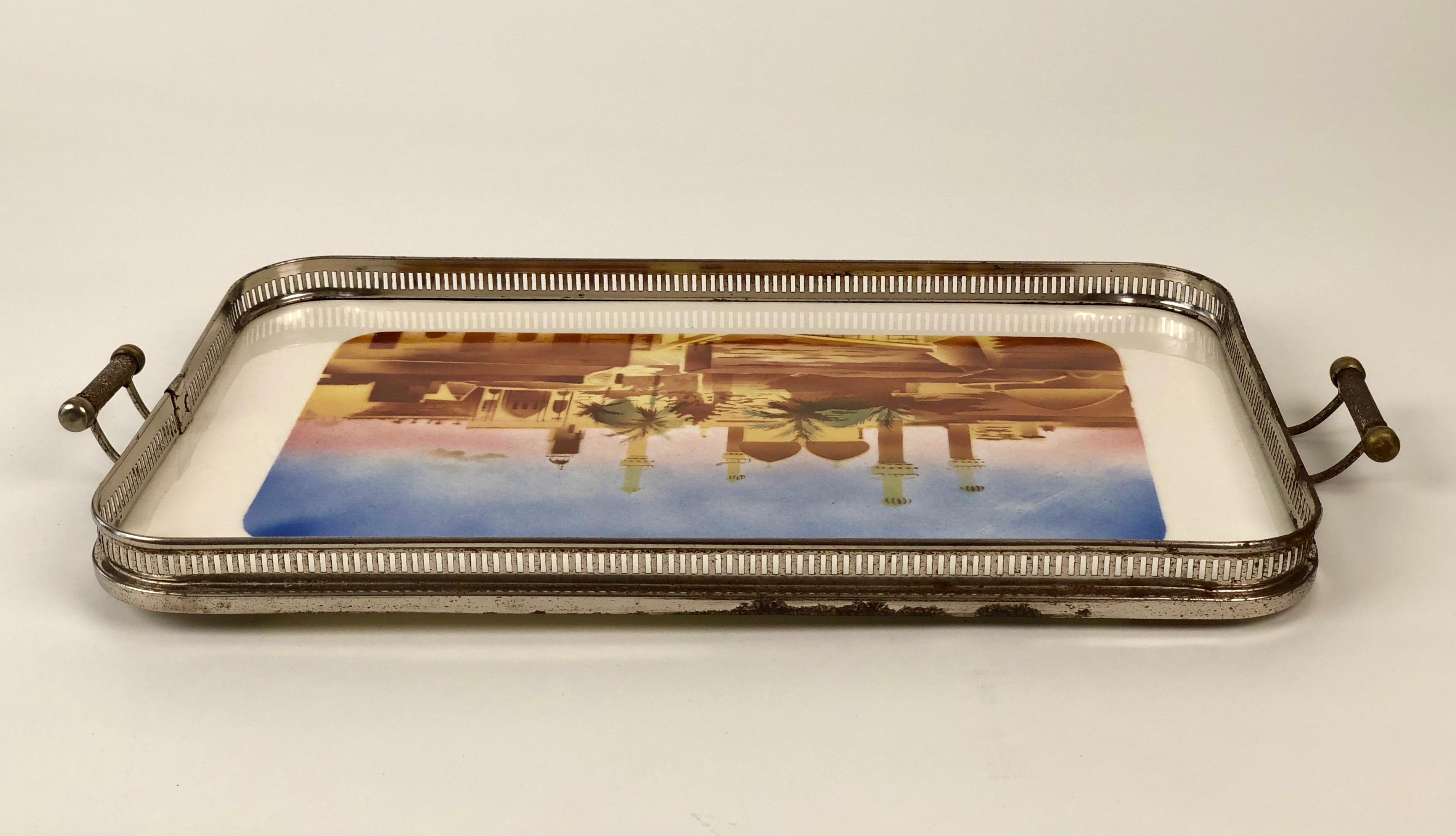Czech Ceramic Tray with Metall Montage and Oriental Motiv from the 1920s For Sale