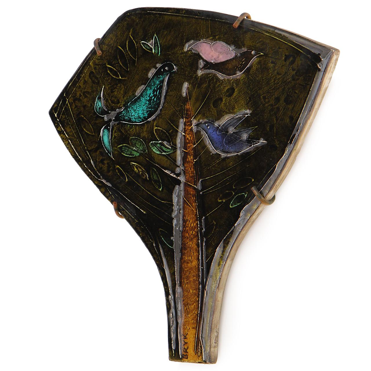 A unique and stylistic hand glazed wall hung sculpture of a tree, depicting three roosting birds. Signed 