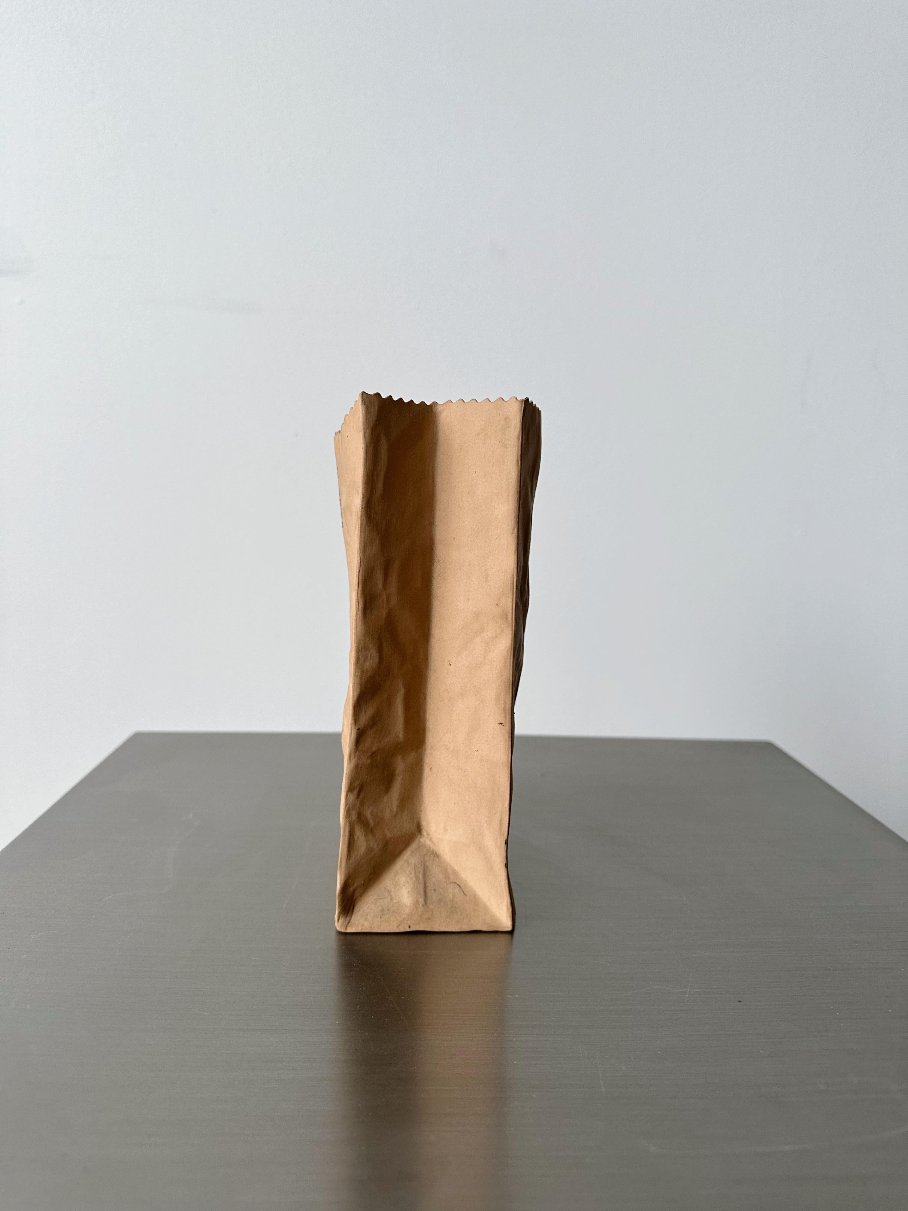 Post-Modern Ceramic Trompe L-oeil Brown Paper Bag Vase by Michael Harvey, 80's