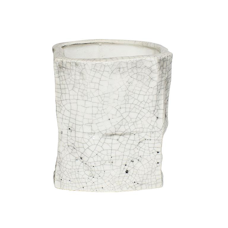 Mid-Century Modern Ceramic Trompe L’Oeil Faux Paper Bag Vase in White Crackle Glaze, Signed