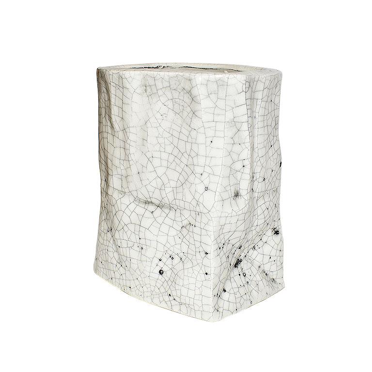 American Ceramic Trompe L’Oeil Faux Paper Bag Vase in White Crackle Glaze, Signed