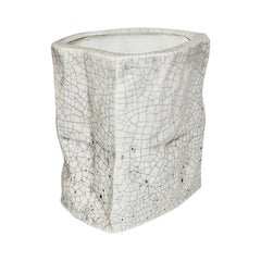 Ceramic Trompe L’Oeil Faux Paper Bag Vase in White Crackle Glaze, Signed