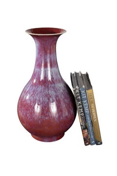 Ceramic Trumpet Formed Variegated Vase in Ox-Blood and Pink Drip Glaze