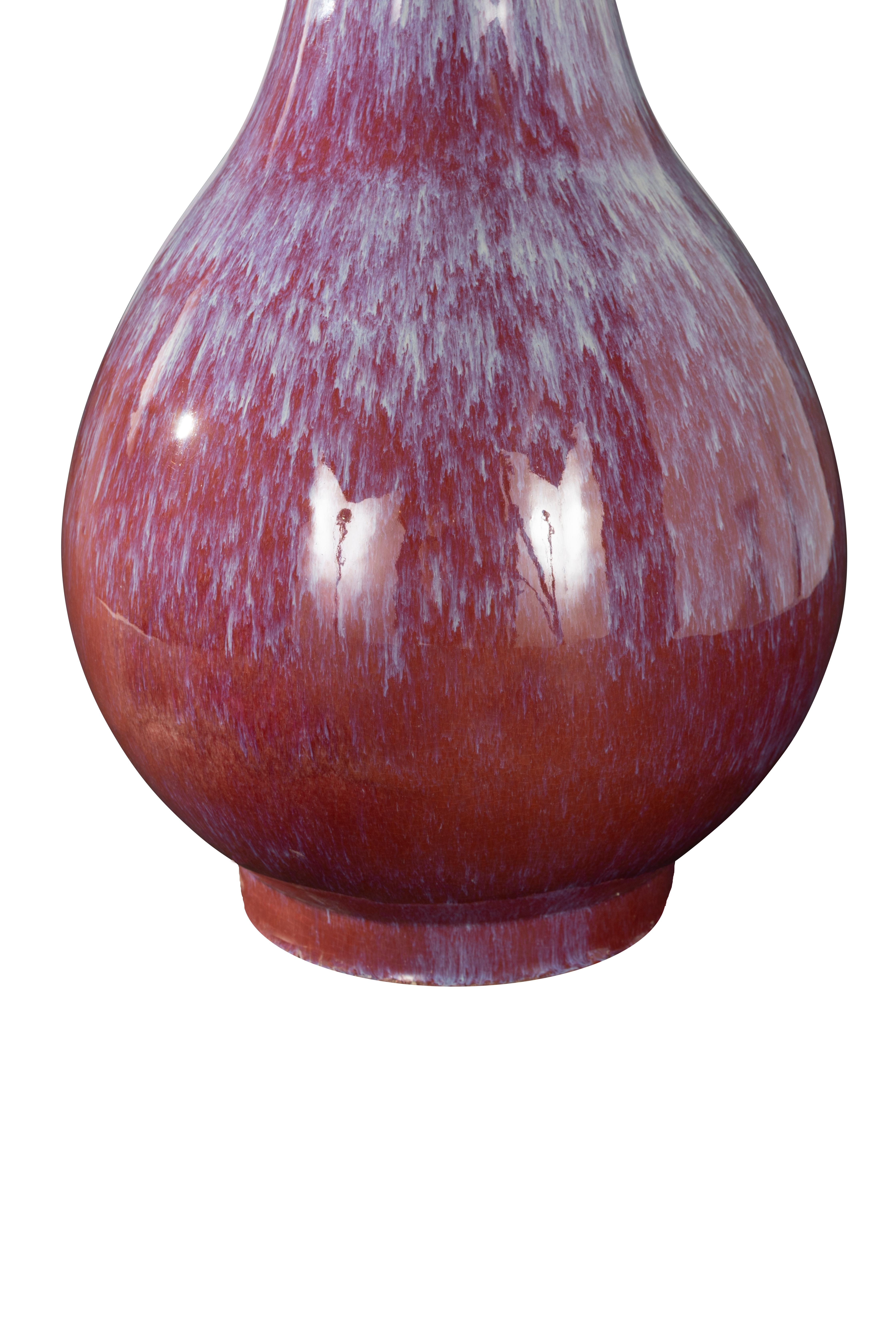 Glazed Ceramic Trumpet Formed Variegated Vase in Ox-Blood and Pink Drip Glaze For Sale
