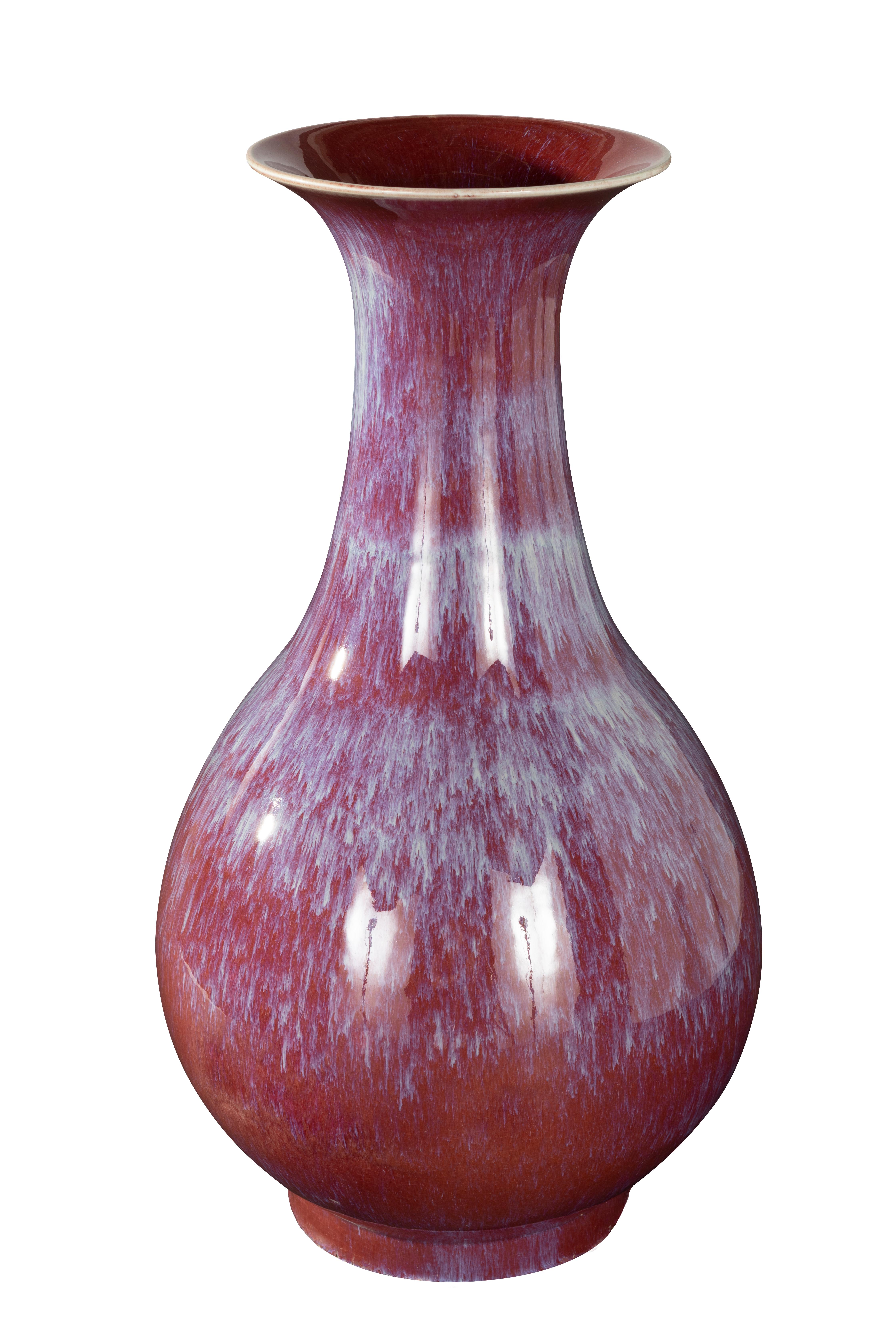 Ceramic Trumpet Formed Variegated Vase in Ox-Blood and Pink Drip Glaze In Good Condition For Sale In Dallas, TX