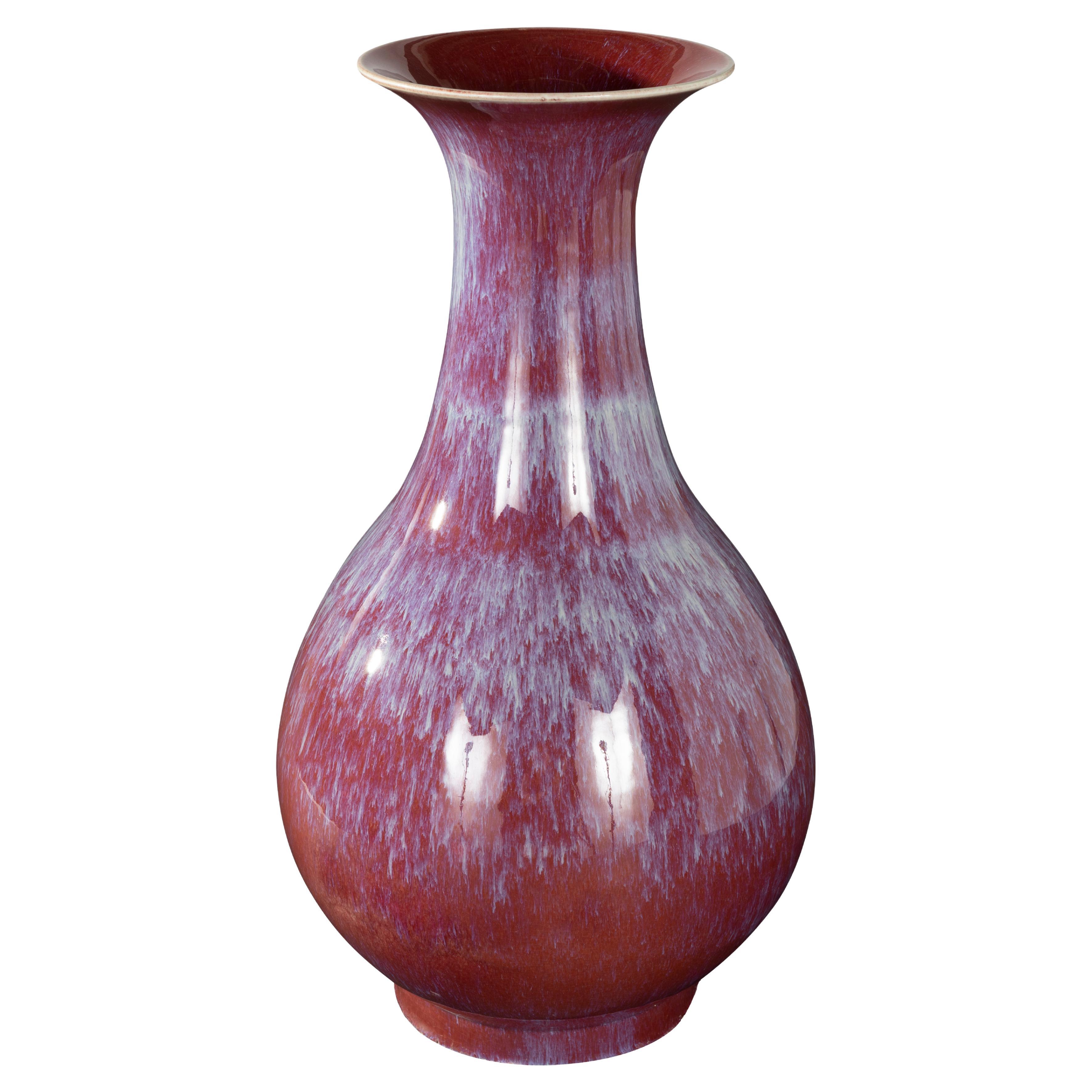 Ceramic Trumpet Formed Variegated Vase in Ox-Blood and Pink Drip Glaze For Sale