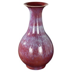 Ceramic Trumpet Formed Variegated Vase in Ox-Blood and Pink Drip Glaze