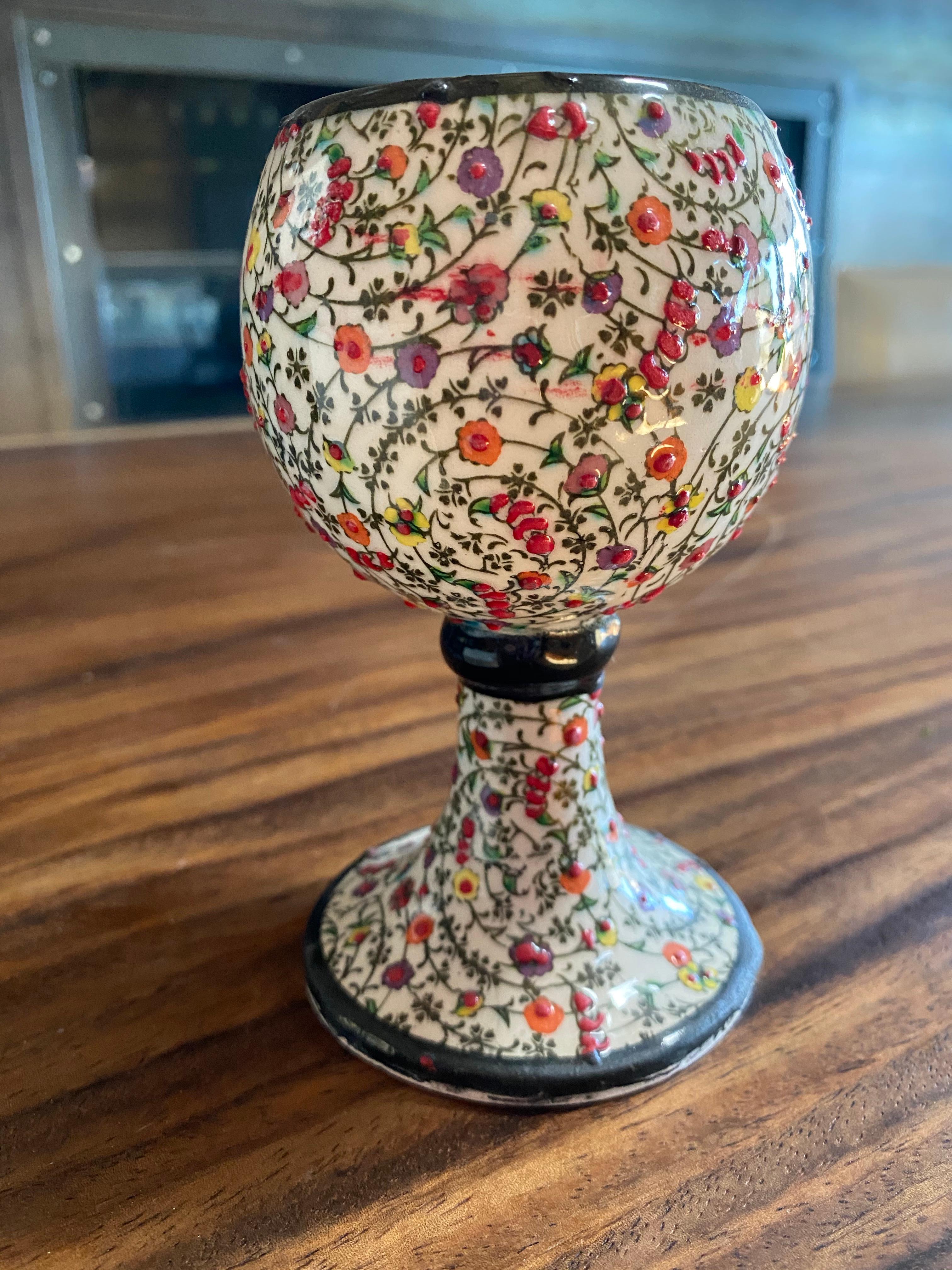 Ceramic, handmade Turkish drinking goblets new and never used, purchased Cappadocia at Avanos workshop. Whimsical and traditional Turkish design is hand painted. Perfect condition, never used and purchased from a reputable pottery maker in