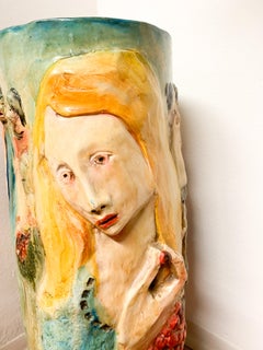 Paragüero de cerámica de Pucci pintado y esculpido a mano de los años 50