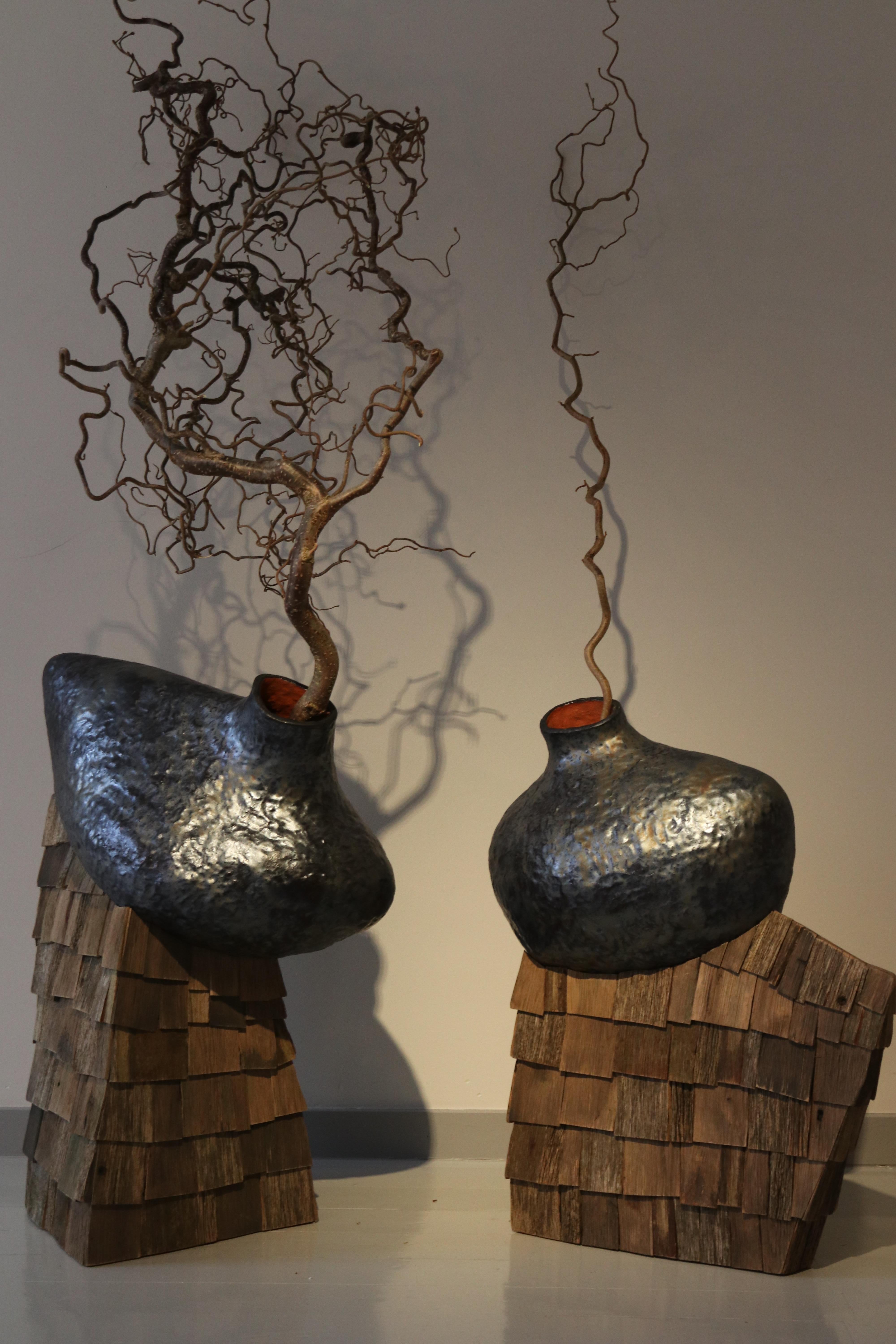 Modern Ceramic Unique Sculptural Vase Oak Wood Base Gonta by Voznicki