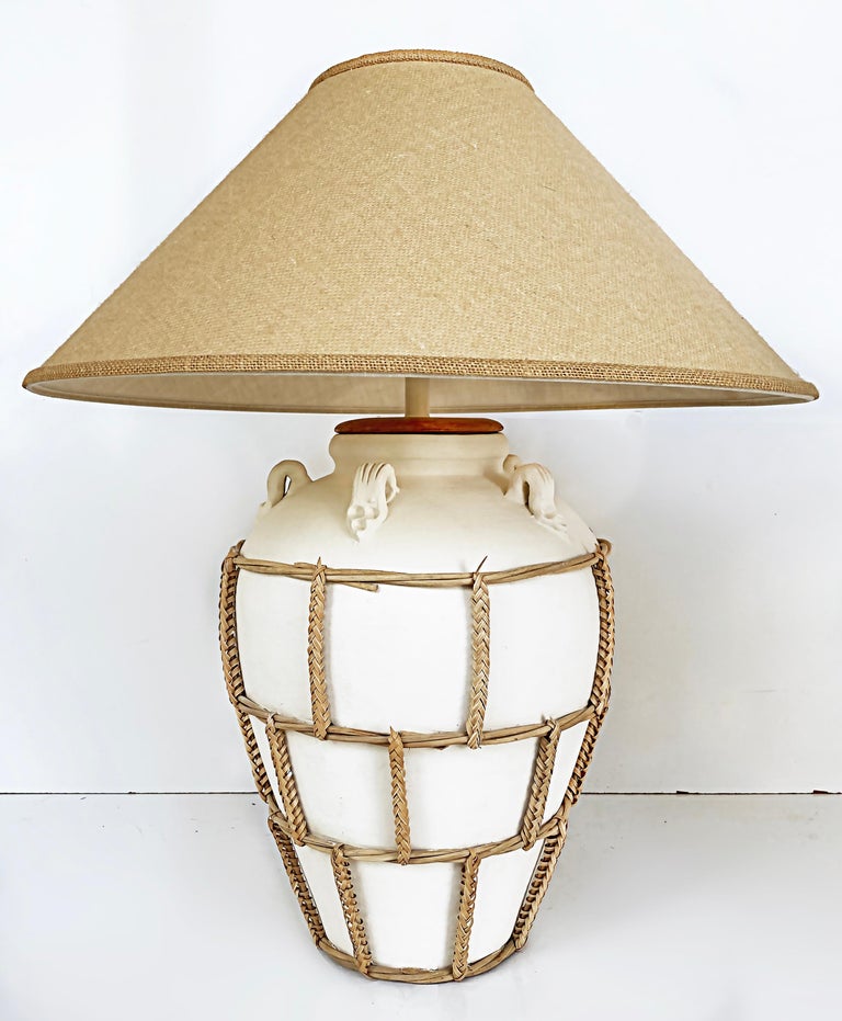 Ceramic Urn Mounted Lamps with Braided Reed, Burlap Shades For Sale at ...
