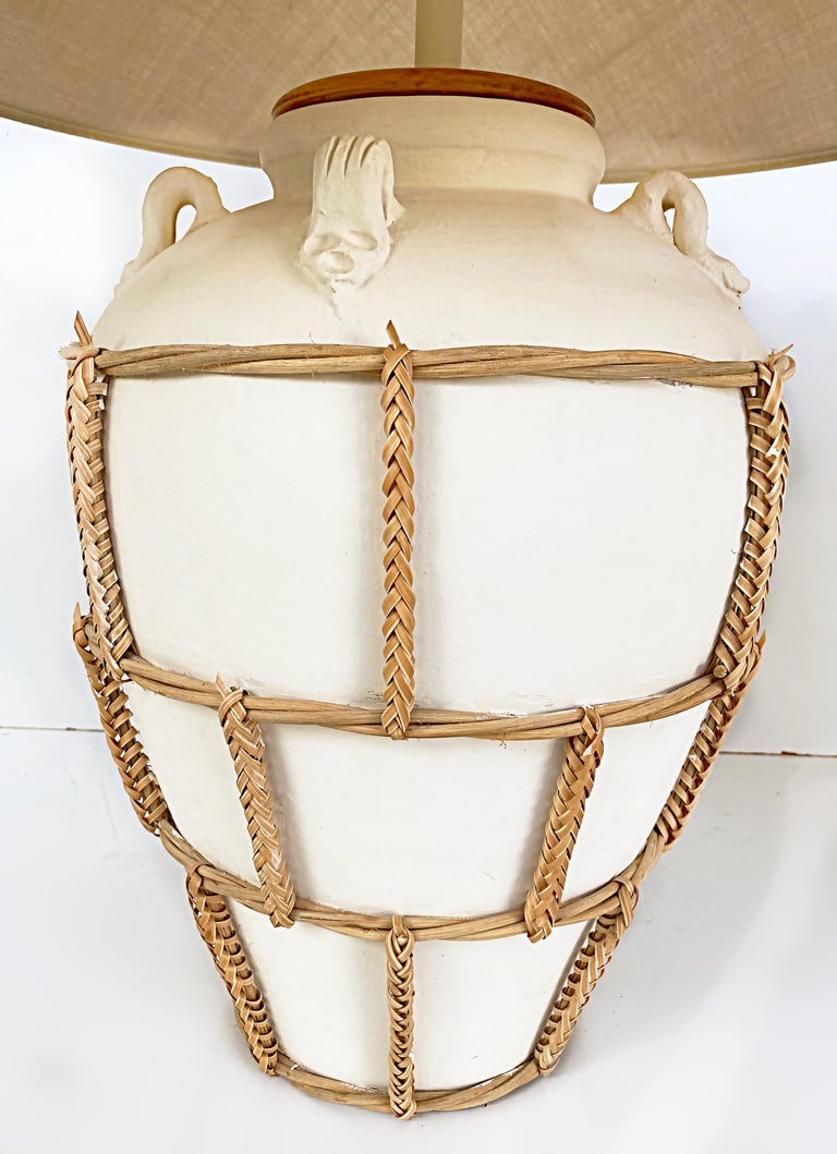 Ceramic Urn Mounted Lamps with Braided Reed, Burlap Shades For Sale at ...