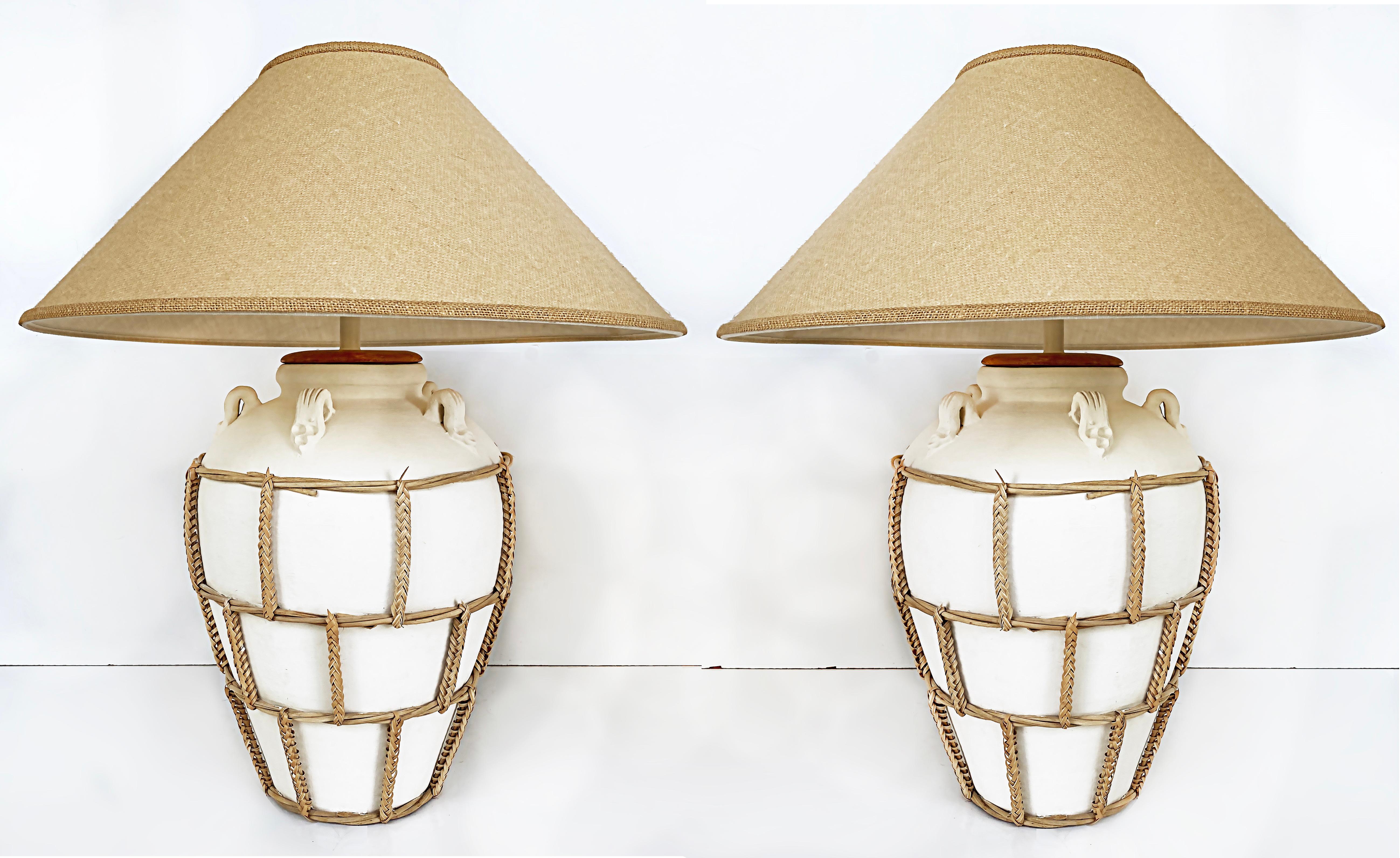 Ceramic Urn Mounted Lamps with Braided Reed, Burlap Shades For Sale 3