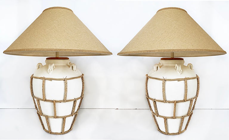Ceramic Urn Mounted Lamps with Braided Reed, Burlap Shades For Sale at ...