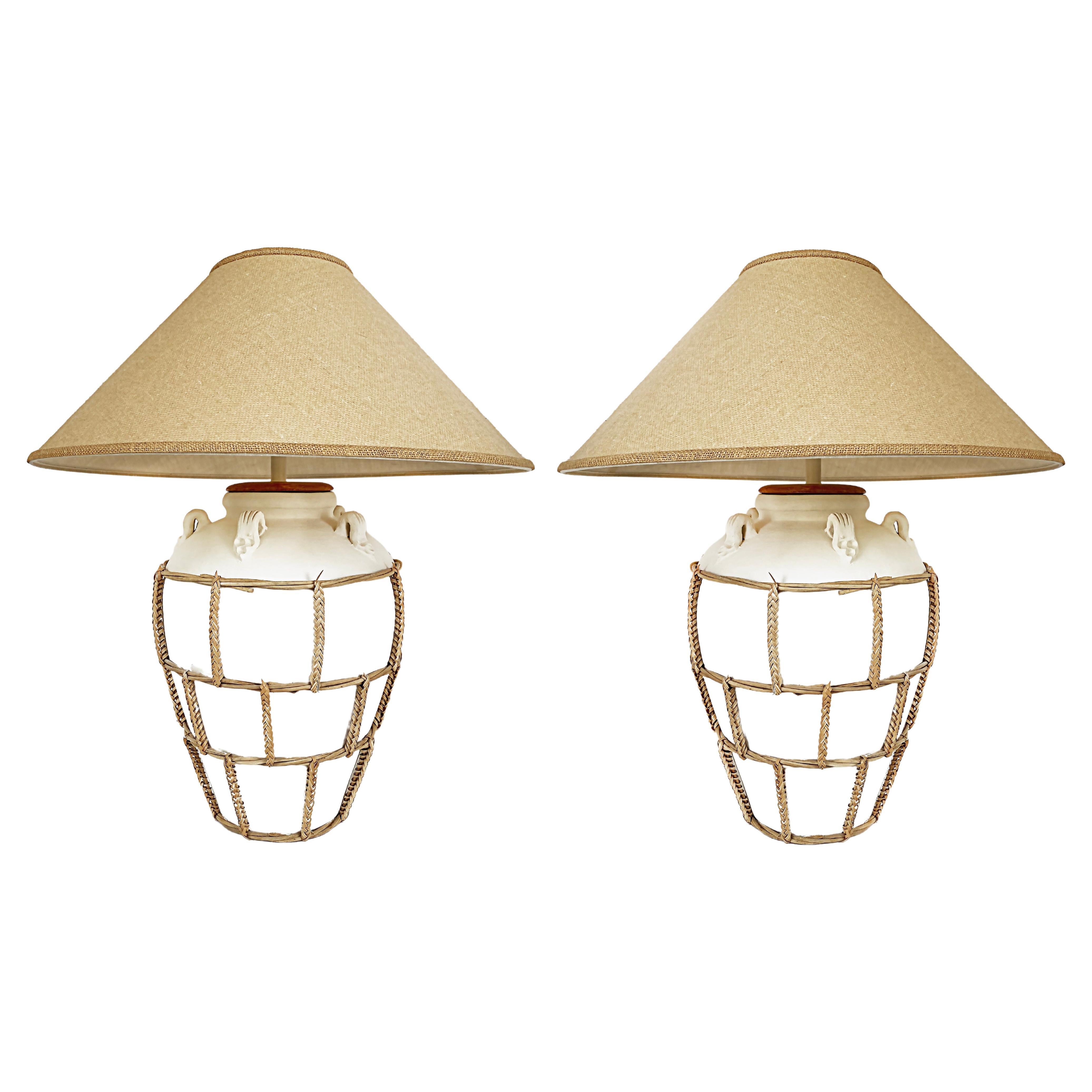 Ceramic Urn Mounted Lamps with Braided Reed, Burlap Shades For Sale