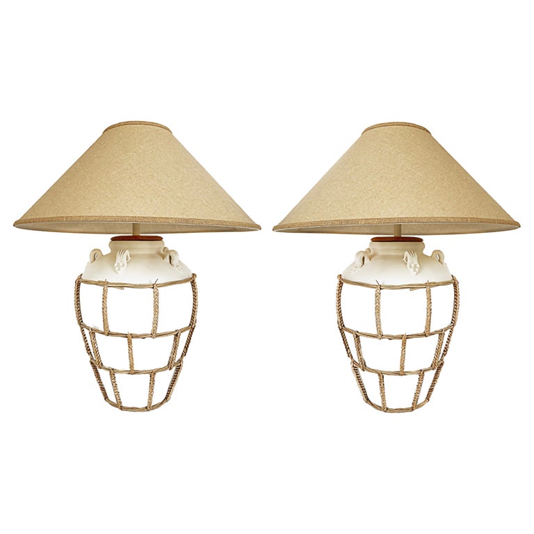 Ceramic Urn Mounted Lamps with Braided Reed, Burlap Shades For Sale at ...